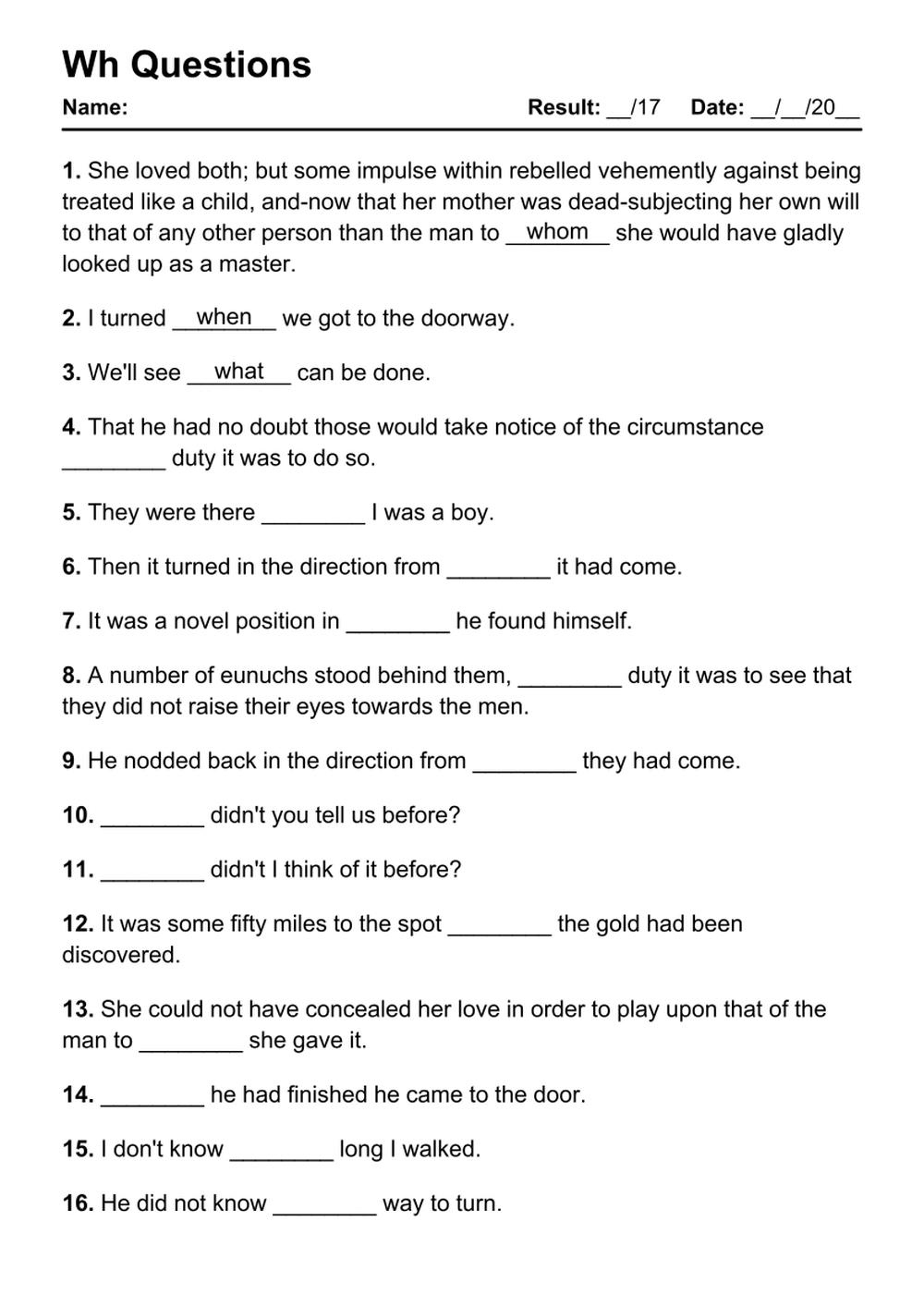 101 Wh Questions Pdf Worksheets With Answers [2032 Exercises within Free Printable Wh Questions Worksheets
