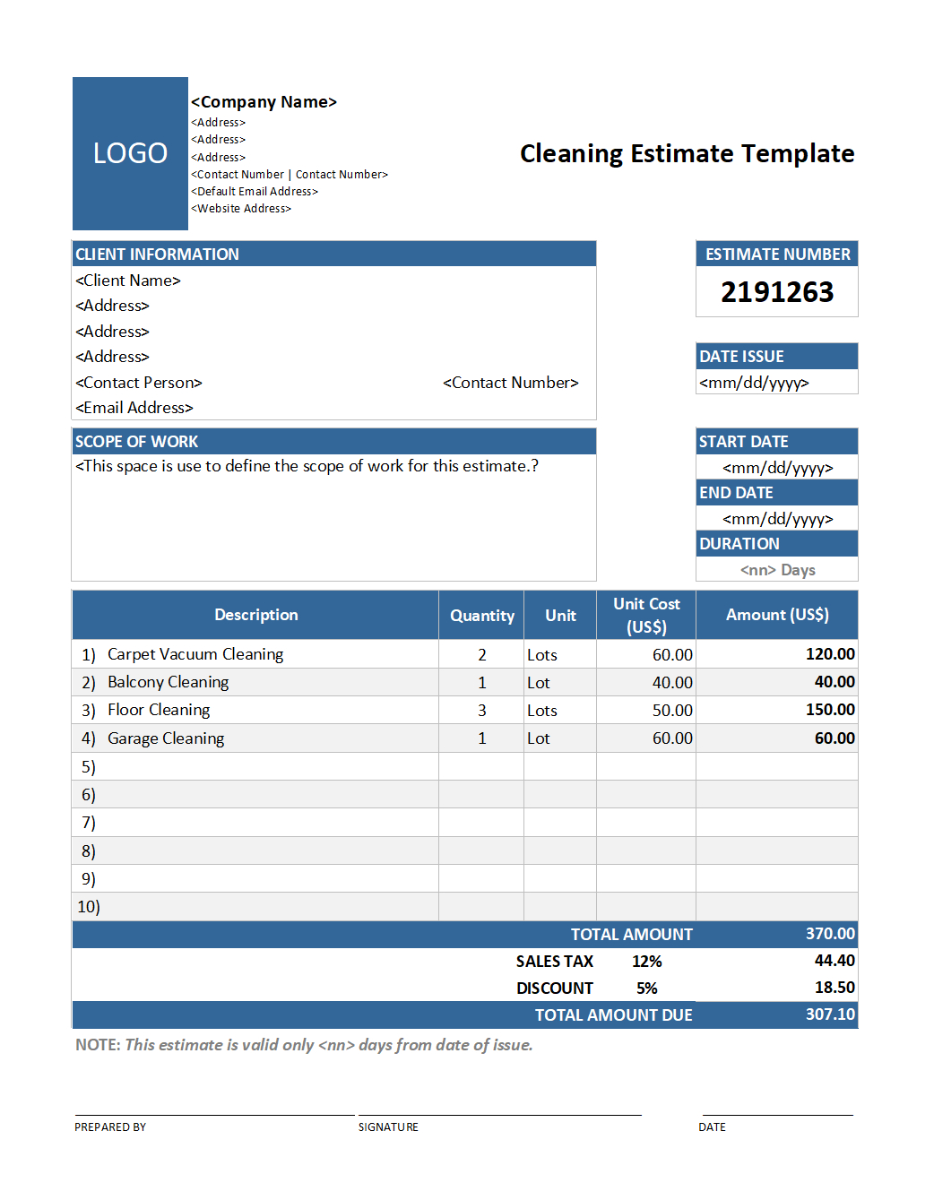 28 Free Estimate Template Forms [Construction, Repair, Cleaning] with Free Printable Estimate Forms For Contractors