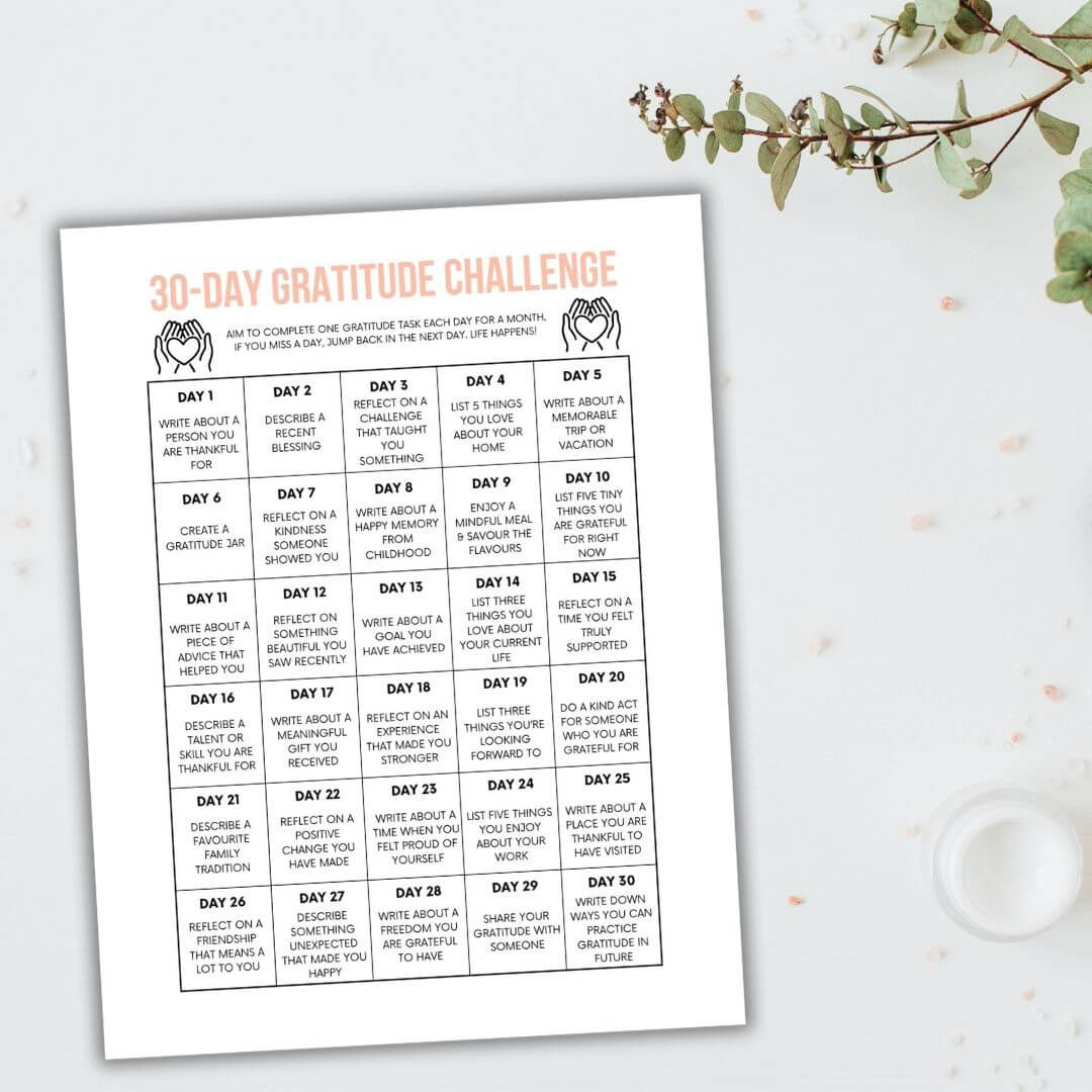 30-Day Gratitude Challenge + Free Printable for Printable 30 Day Gratitude Challenge