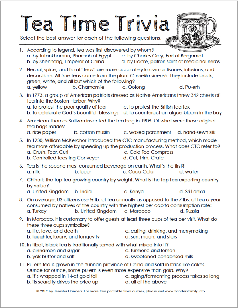 A Tea Time Trivia Test For Hot Tea Month - Flanders Family Home pertaining to Trivia For Seniors With Answers Printable