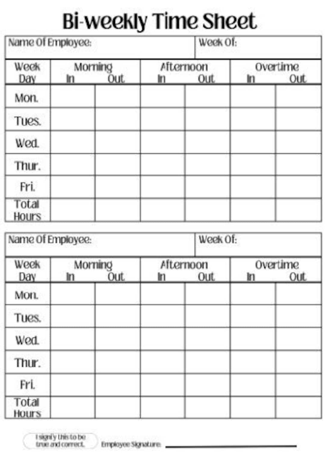 Bi-Weekly Employee Time Sheet: Printable Work Log (Digital Download) - Etsy pertaining to Free Printable Biweekly Timesheet Template