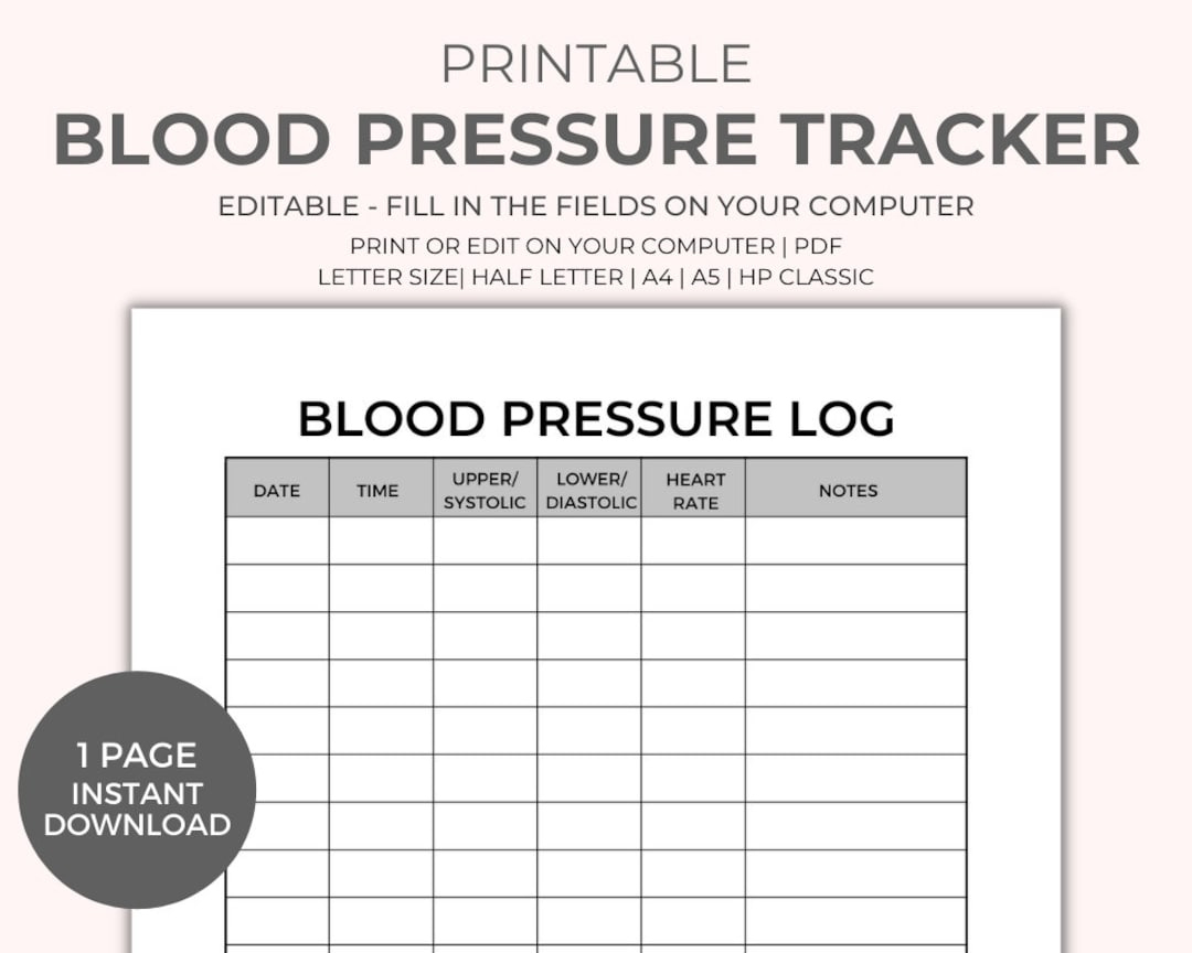 Blood Pressure Chart Printable - Instant Download, Medical Tracker within Blood Pressure Chart Free Printable
