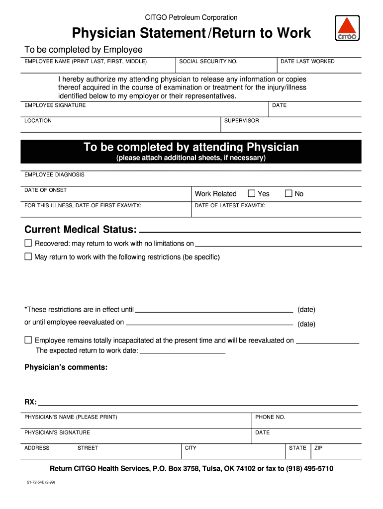 Citgo 21-72-54E Form - Fill Online, Printable, Fillable, Blank with Doctor Printable Return To Work Form