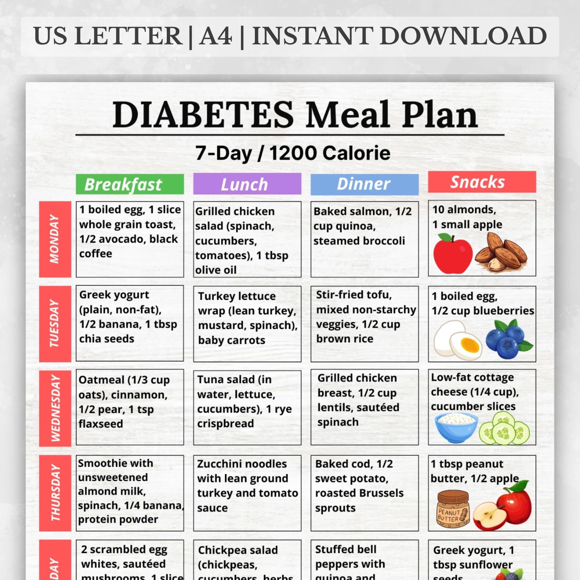 Diabetes Meal Plan Printable, 7 Day 1200 Calorie Menu, Low within 7 Day Printable Diabetic Meal Plan