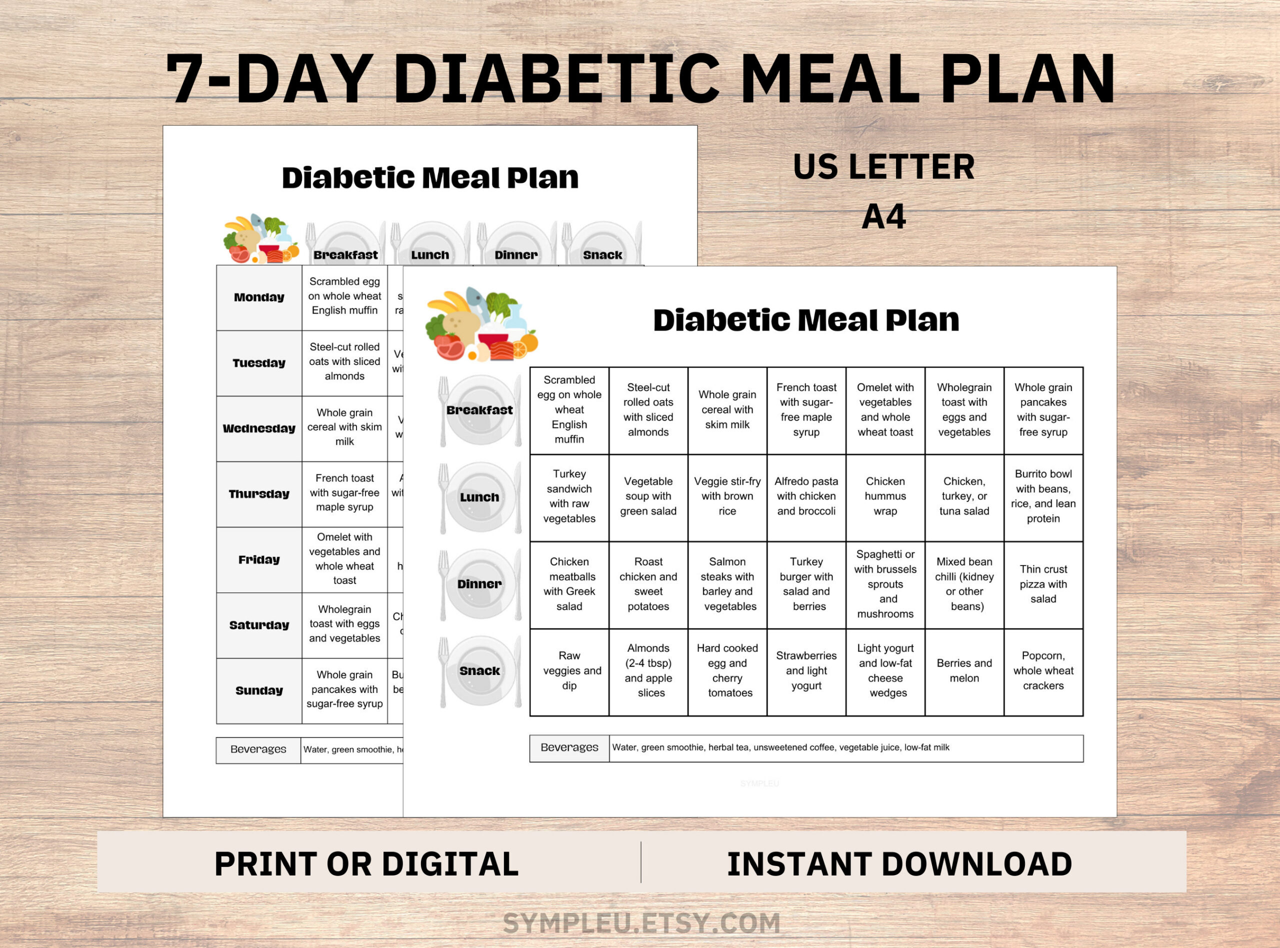 Diabetic Meal Plan, 7 Day Meal Plan, Diabetes Meal Ideas, Diabetic Food  List, Diabetic Diet Sheet, Diabetic Food List, Weekly Meal Planner inside 7 Day Printable Diabetic Meal Plan