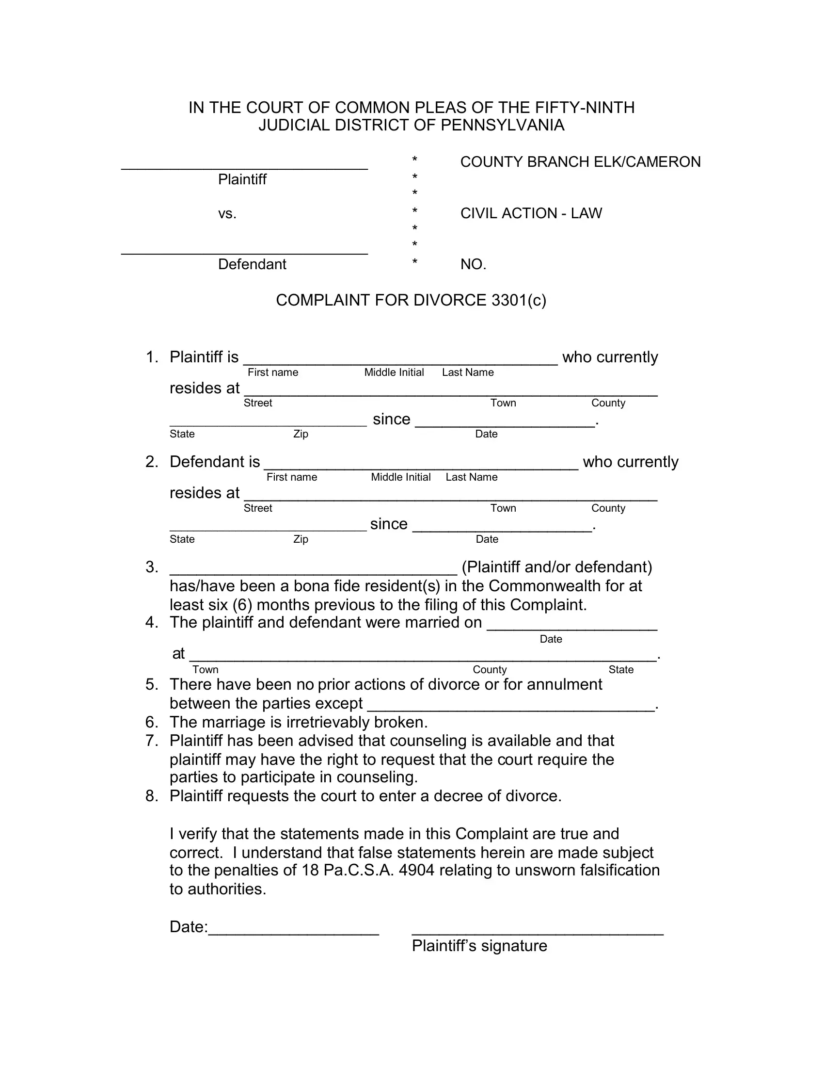 Divorce Form In Pa ≡ Fill Out Printable Pdf Forms Online intended for Printable Pennsylvania Divorce Forms