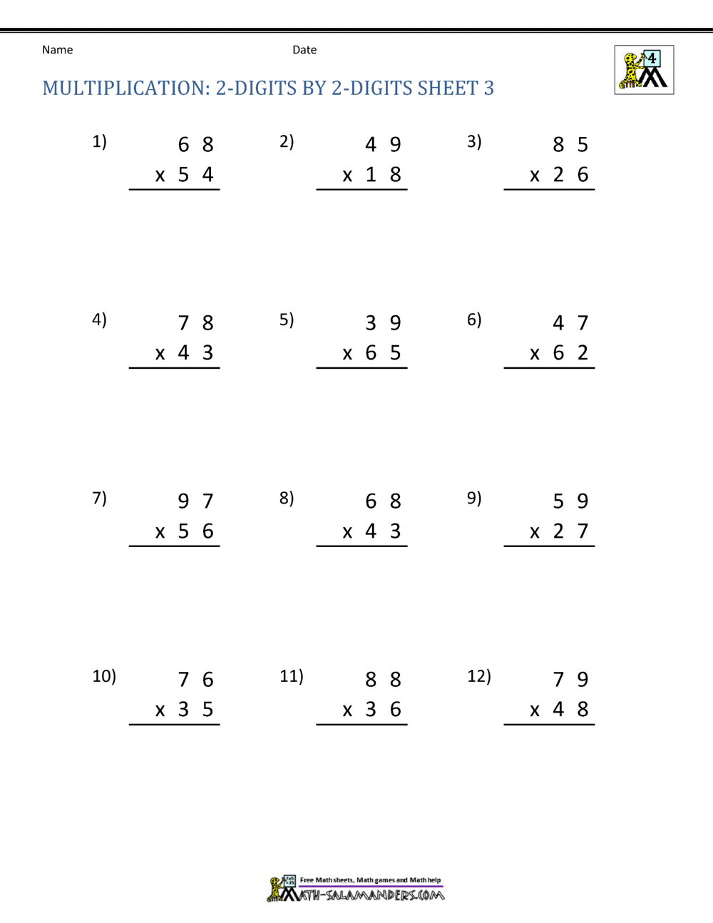 Double Digit Multiplication Worksheets 4Th Grade with regard to 2 Digit By 2 Digit Multiplication Printable Worksheets