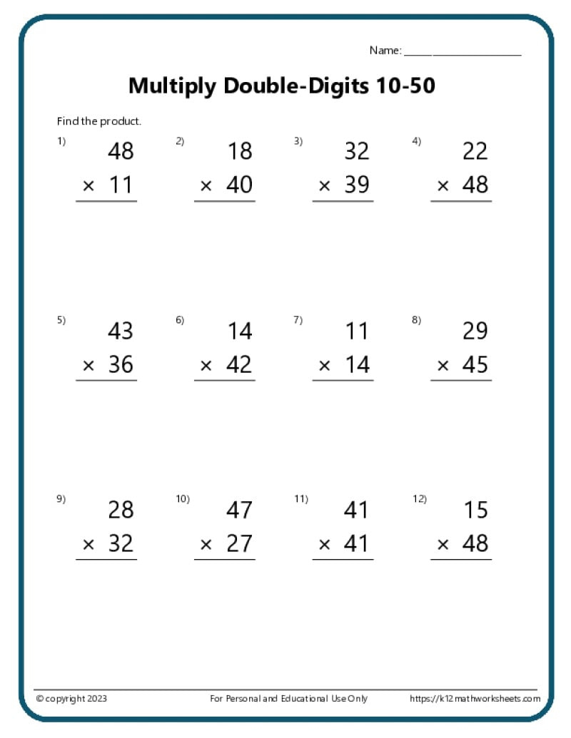 Double-Digit Multiplication Worksheets throughout 2 Digit Multiplication Printable Worksheets