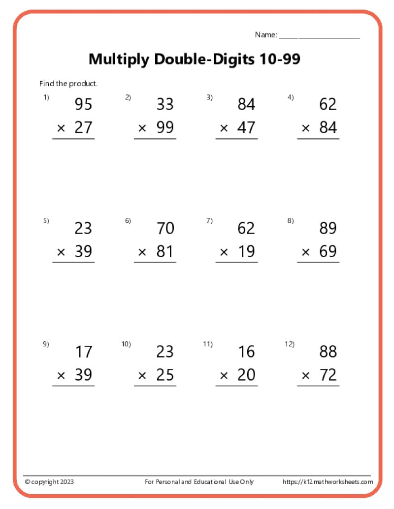Double-Digit Multiplication Worksheets with regard to 2 Digit By 2 Digit Multiplication Printable Worksheets
