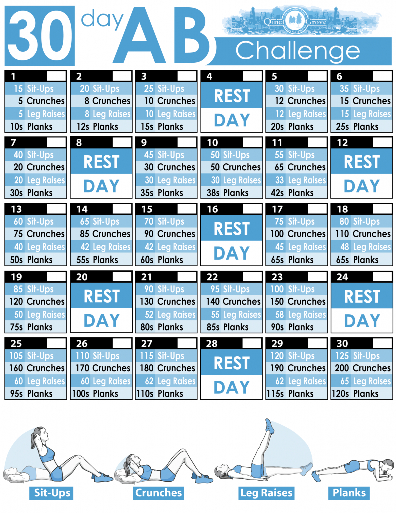 Easy Ab Challenge 30 Day Ab Challenge Extended Calendar Printable for 30 Day Ab Challenge Printable