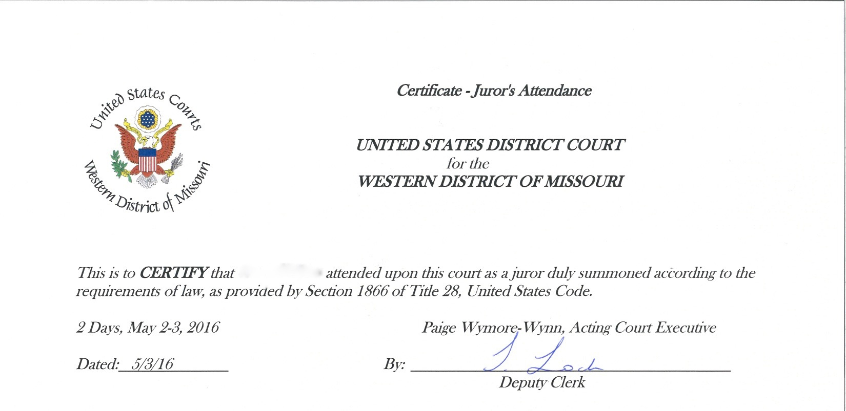 Federal Jury Duty - Dispatches From The Castle for Printable Jury Duty Certificate of Attendance