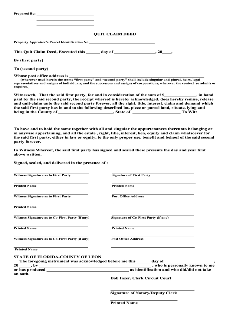 Fl Leon County Quit Claim Deed Form - Fill Online, Printable in Printable Quit Claim Deed Florida