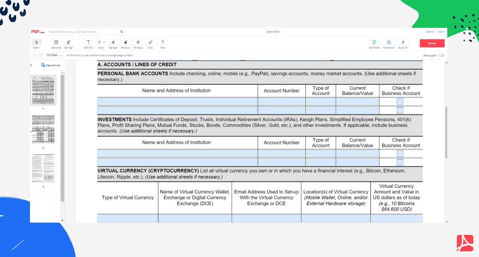 Form 433-F: Printable Form 433-F Blank, Sign Forms Online — Pdfliner intended for Printable Irs Form 433 F