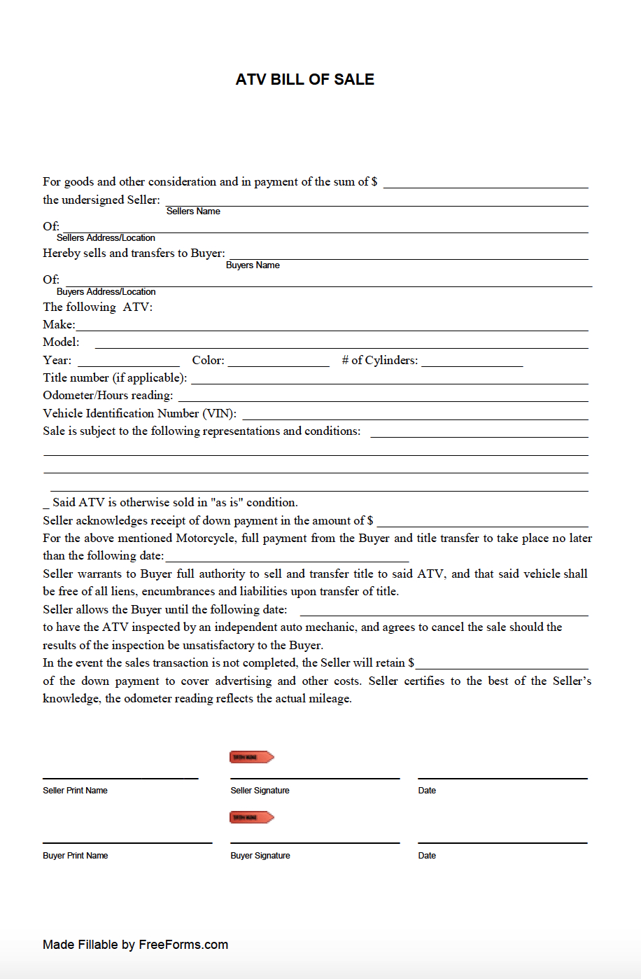 Free All-Terrain Vehicle (Atv) Bill Of Sale Form | Pdf with Bill Of Sale For Atv Printable