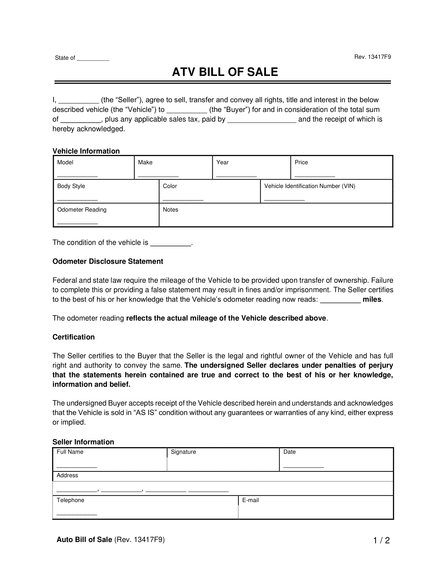 Free All-Terrain Vehicle (Atv) Bill Of Sale Form| Pdf &amp;amp; Word throughout Bill of Sale For Atv Printable
