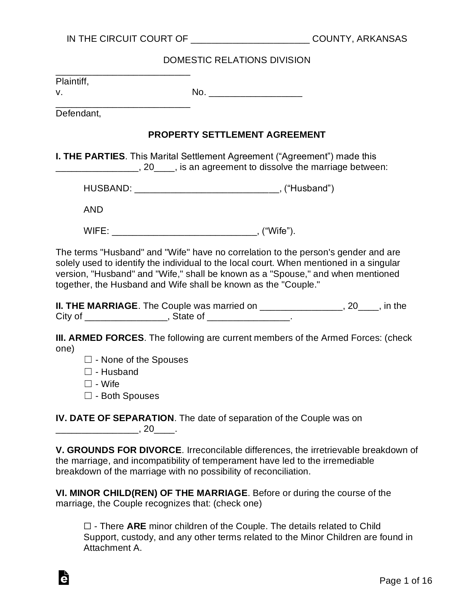 Free Arkansas Marital Settlement (Divorce) Agreement - Pdf | Word with Free Printable Uncontested Divorce Papers Arkansas