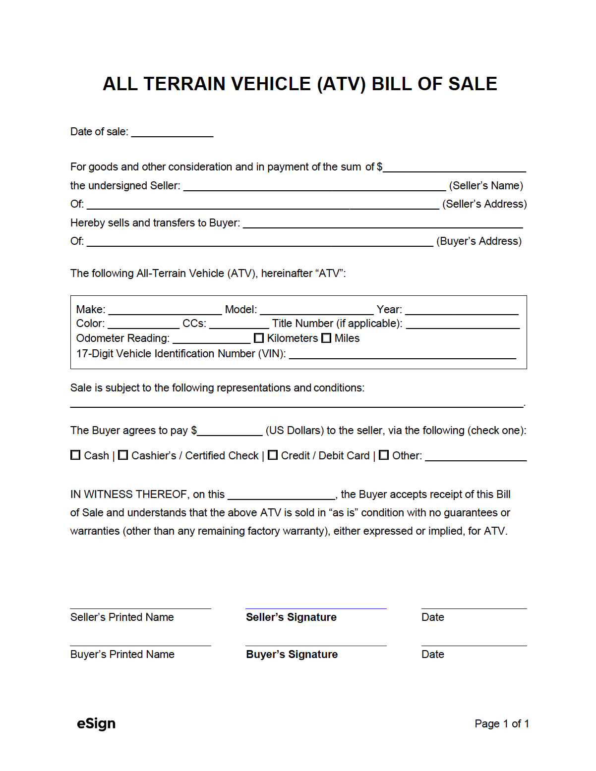 Free Atv Bill Of Sale Form | Pdf | Word throughout Bill of Sale For Atv Printable