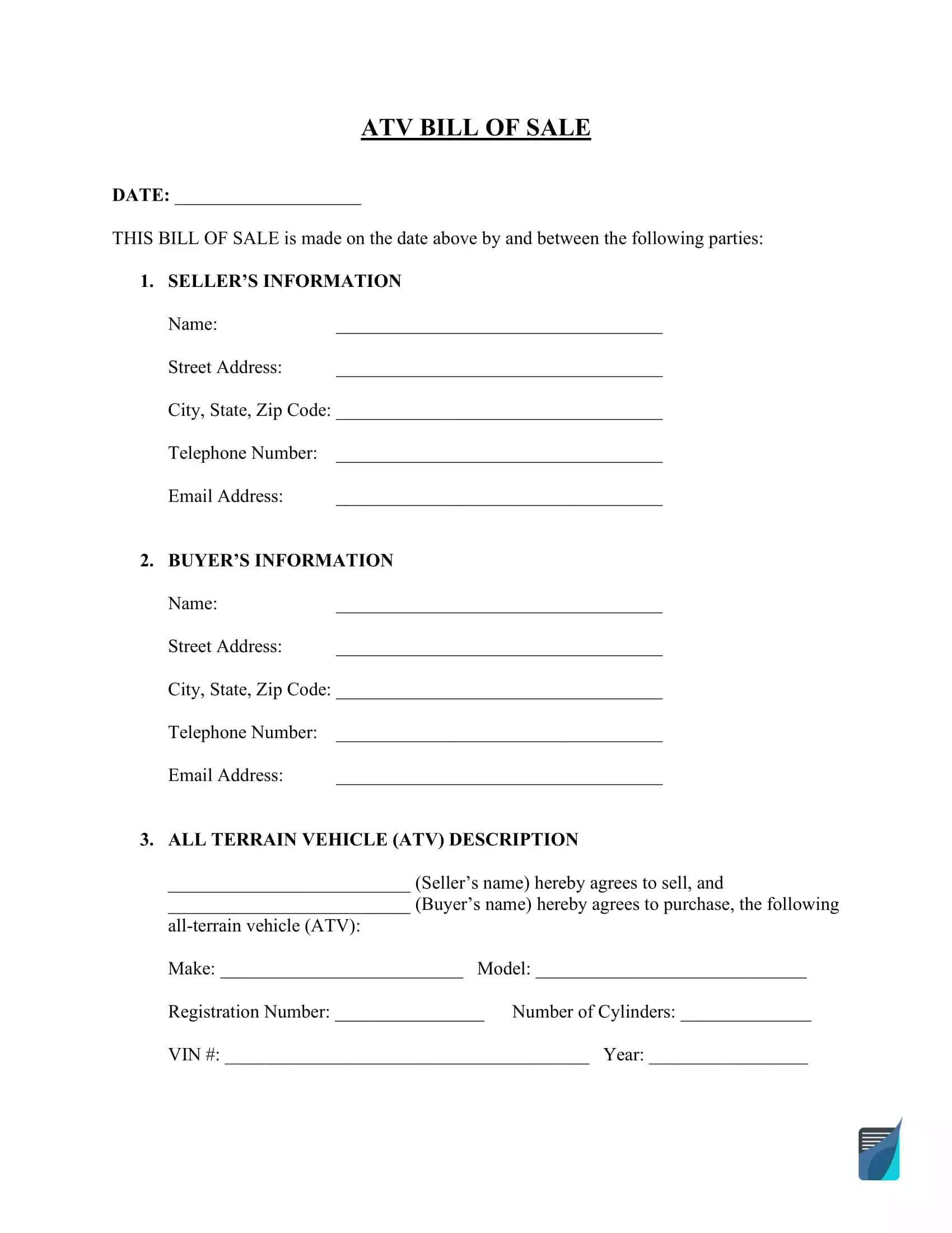 Free Atv (Four-Wheeler) Bill Of Sale Form | Formspal regarding Bill of Sale For Atv Printable