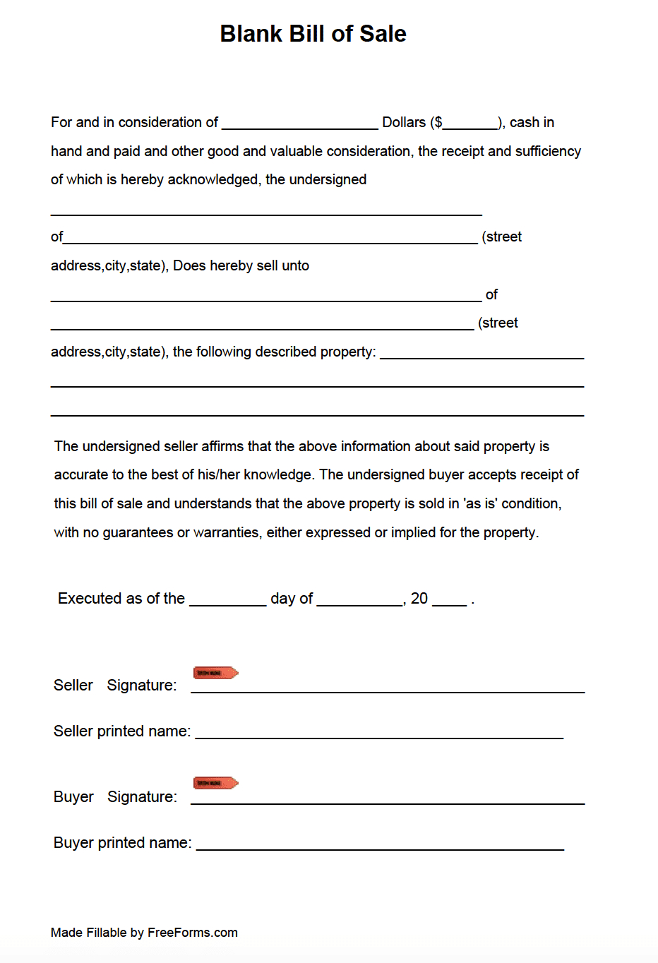 Free Blank Bill Of Sale Form | Pdf throughout Printable Bill of Sale Form