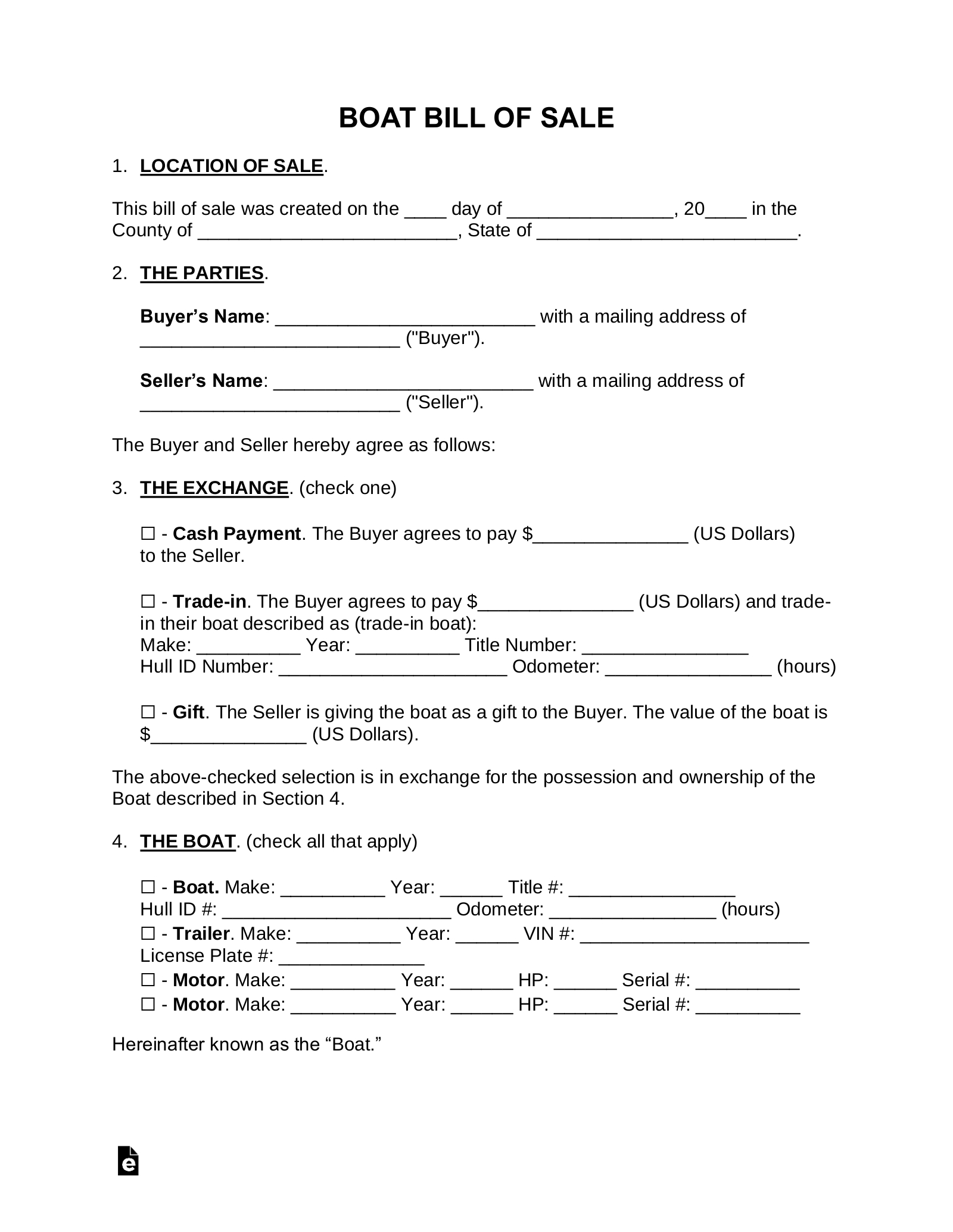 Free Boat Bill Of Sale - Pdf | Word – Eforms intended for Printable Bill of Sale Boat
