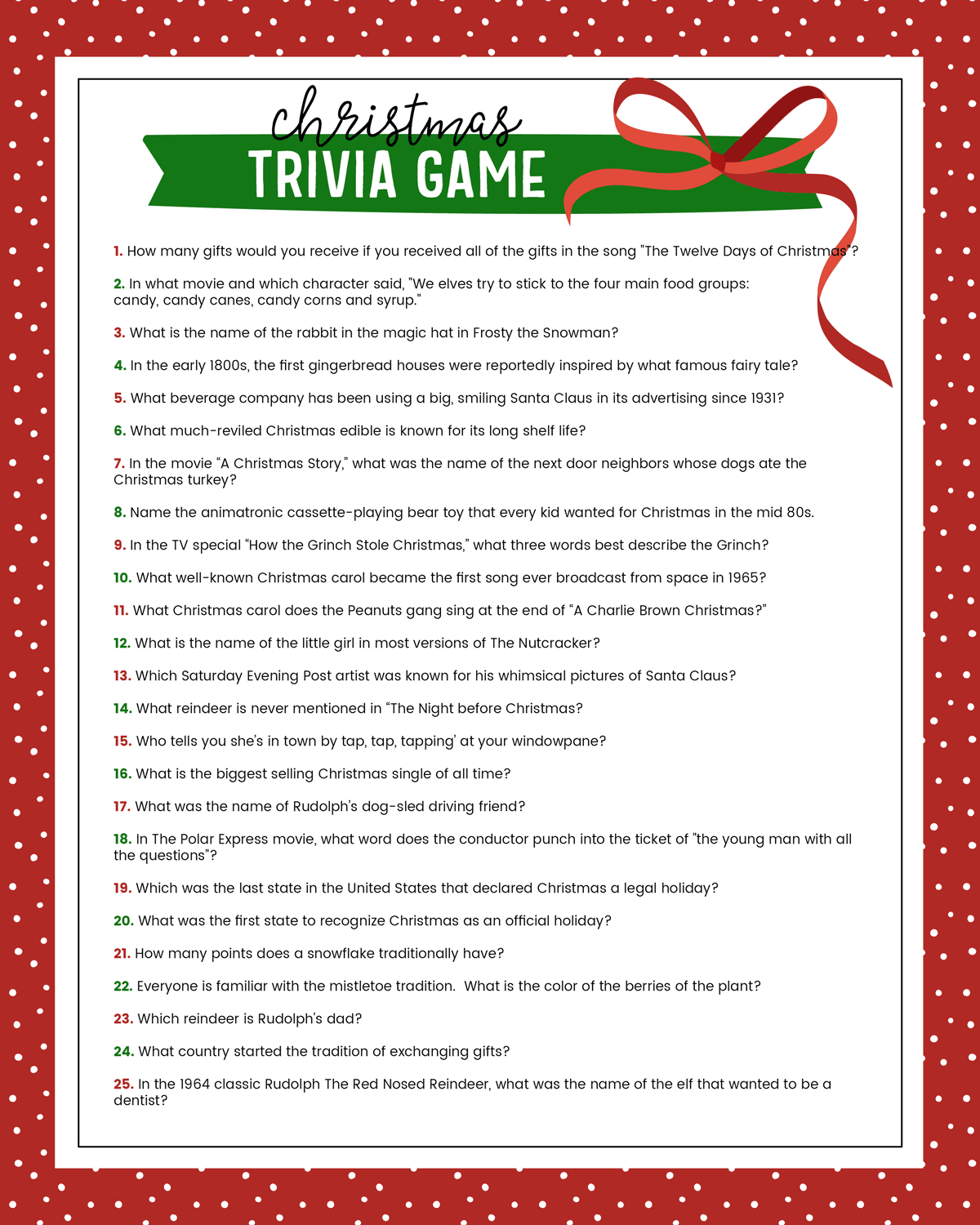Free Christmas Trivia Printables {Games For The Family!} | Lil&amp;#039; Luna in Christmas Quiz With Answers Printable