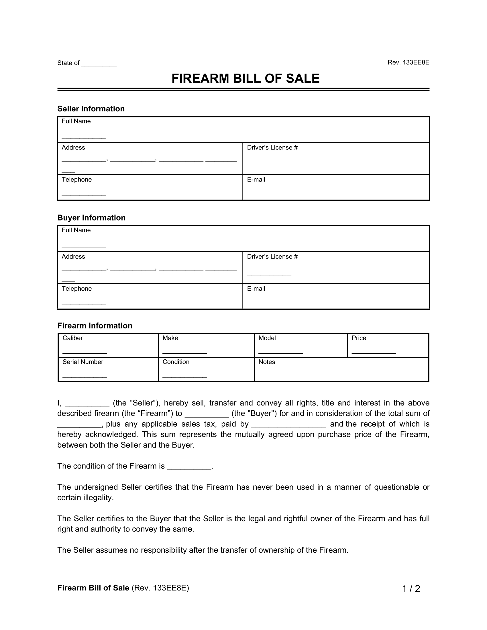 Free Firearm (Gun) Bill Of Sale Form | Legal Templates throughout Printable Firearm Bill Of Sale