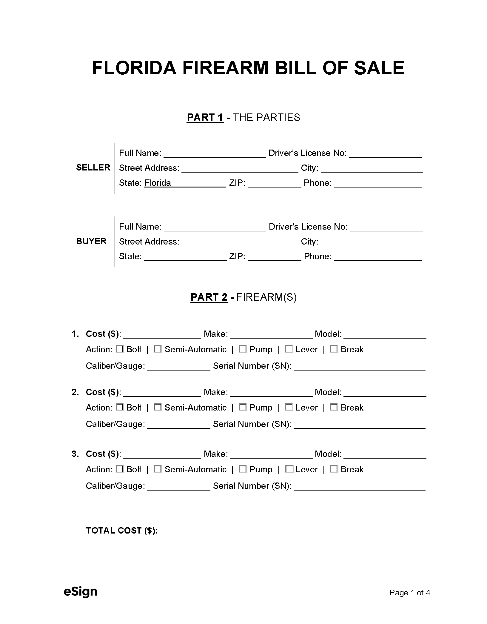 Free Florida Firearm Bill Of Sale Form | Pdf | Word inside Printable Firearm Bill Of Sale Florida