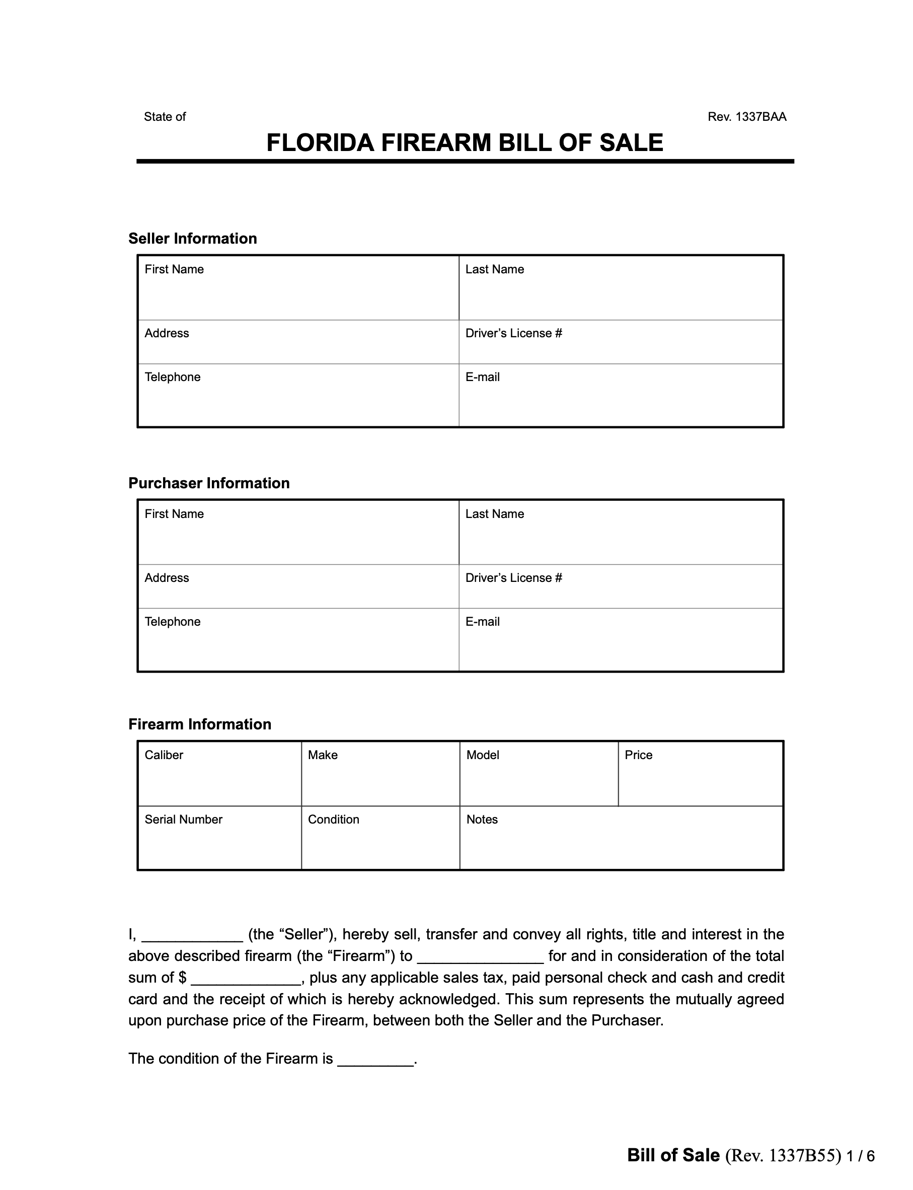 Free Florida Firearm Bill Of Sale Form | Pdf &amp;amp; Word regarding Printable Firearm Bill of Sale Florida