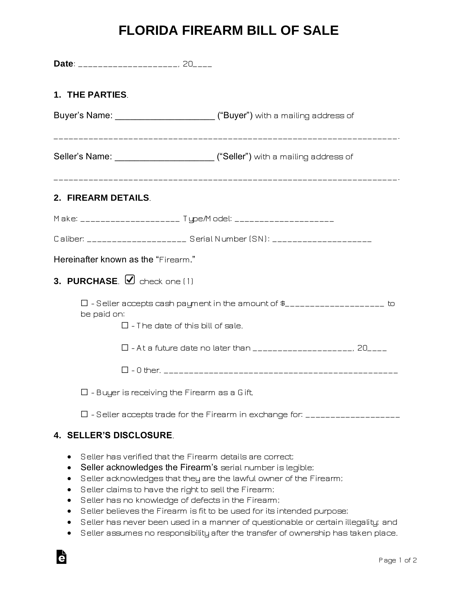 Free Florida Firearm Bill Of Sale Template - Pdf | Word – Eforms within Printable Firearm Bill of Sale Florida
