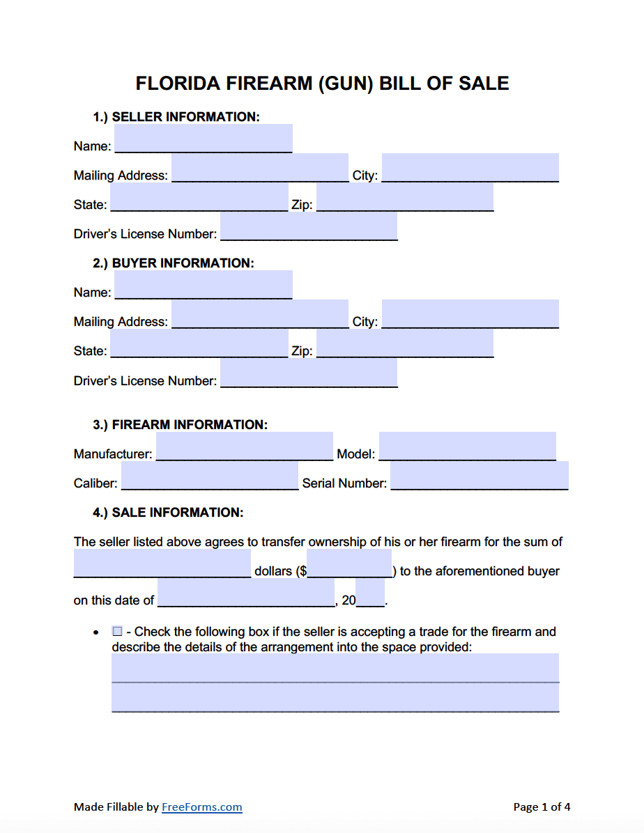 Free Florida Firearm (Gun) Bill Of Sale Form | Pdf | Word inside Printable Firearm Bill of Sale Florida