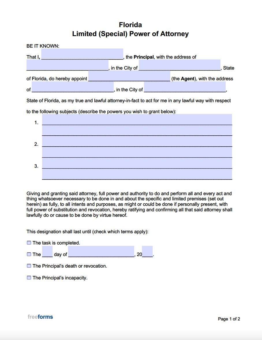 Free Florida Limited (Special) Power Of Attorney Form | Pdf | Word pertaining to Printable Power Of Attorney Form Florida
