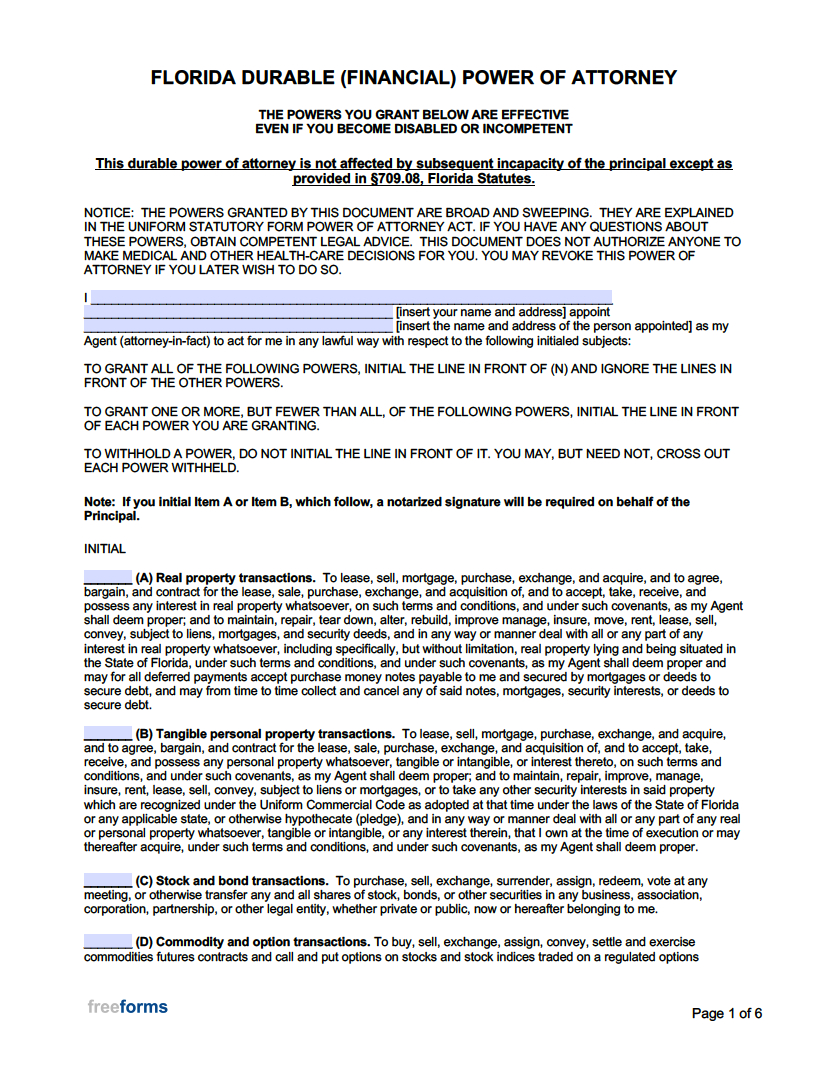 Free Florida Power Of Attorney Forms | Pdf | Word with Printable Power Of Attorney Form Florida