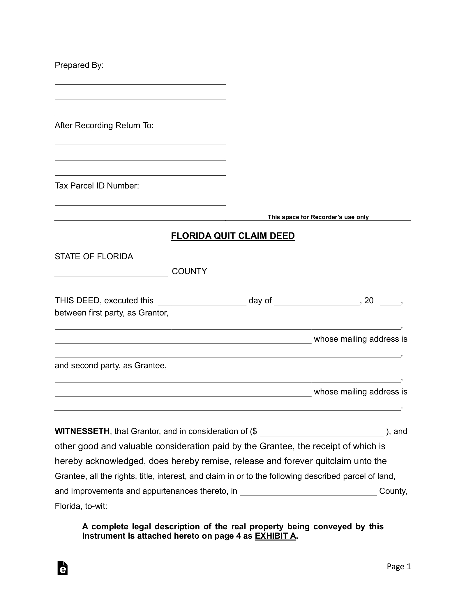 Free Florida Quit Claim Deed Form - Pdf | Word – Eforms within Printable Quit Claim Deed Florida
