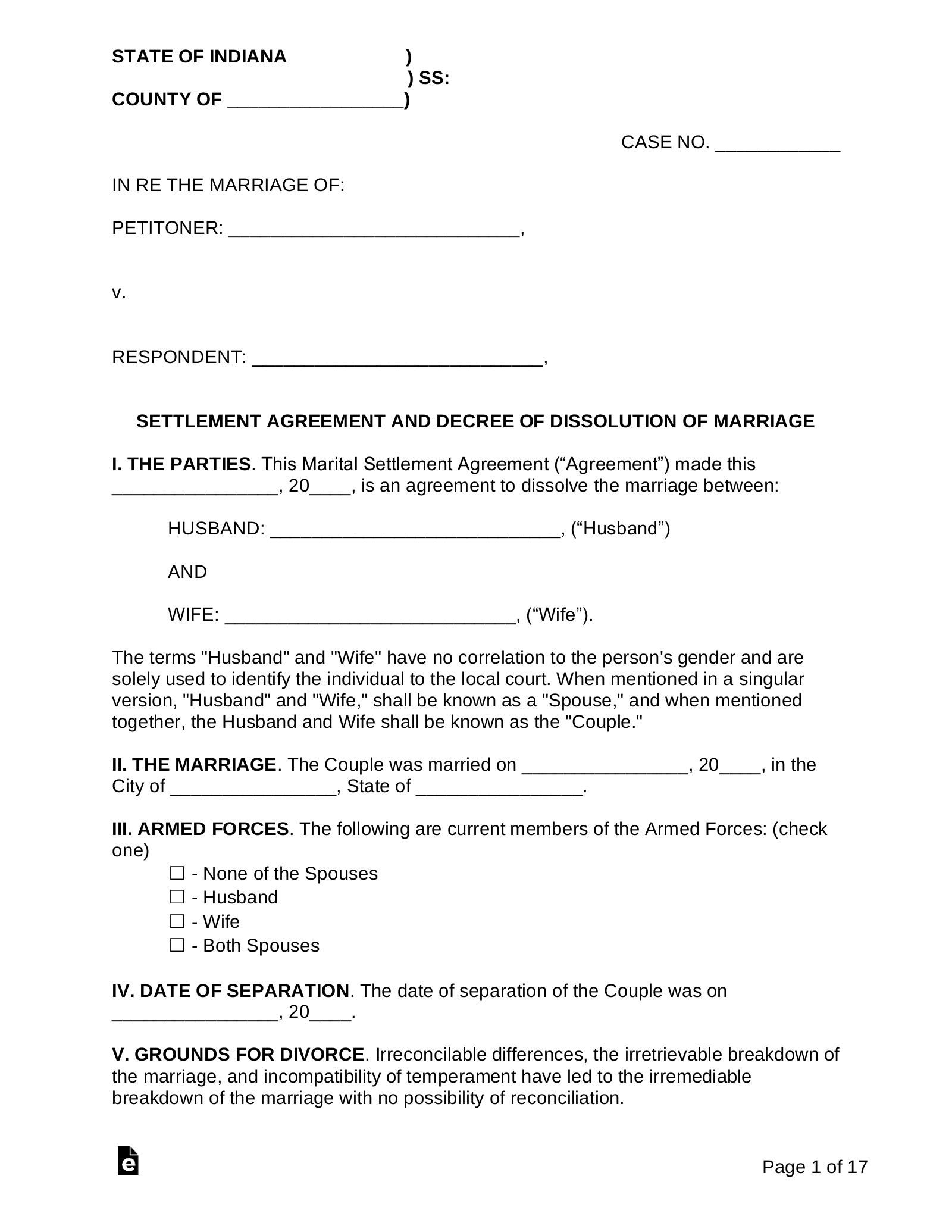 Free Indiana Marital Settlement (Divorce) Agreement - Pdf | Word inside Printable Divorce Papers For Indiana