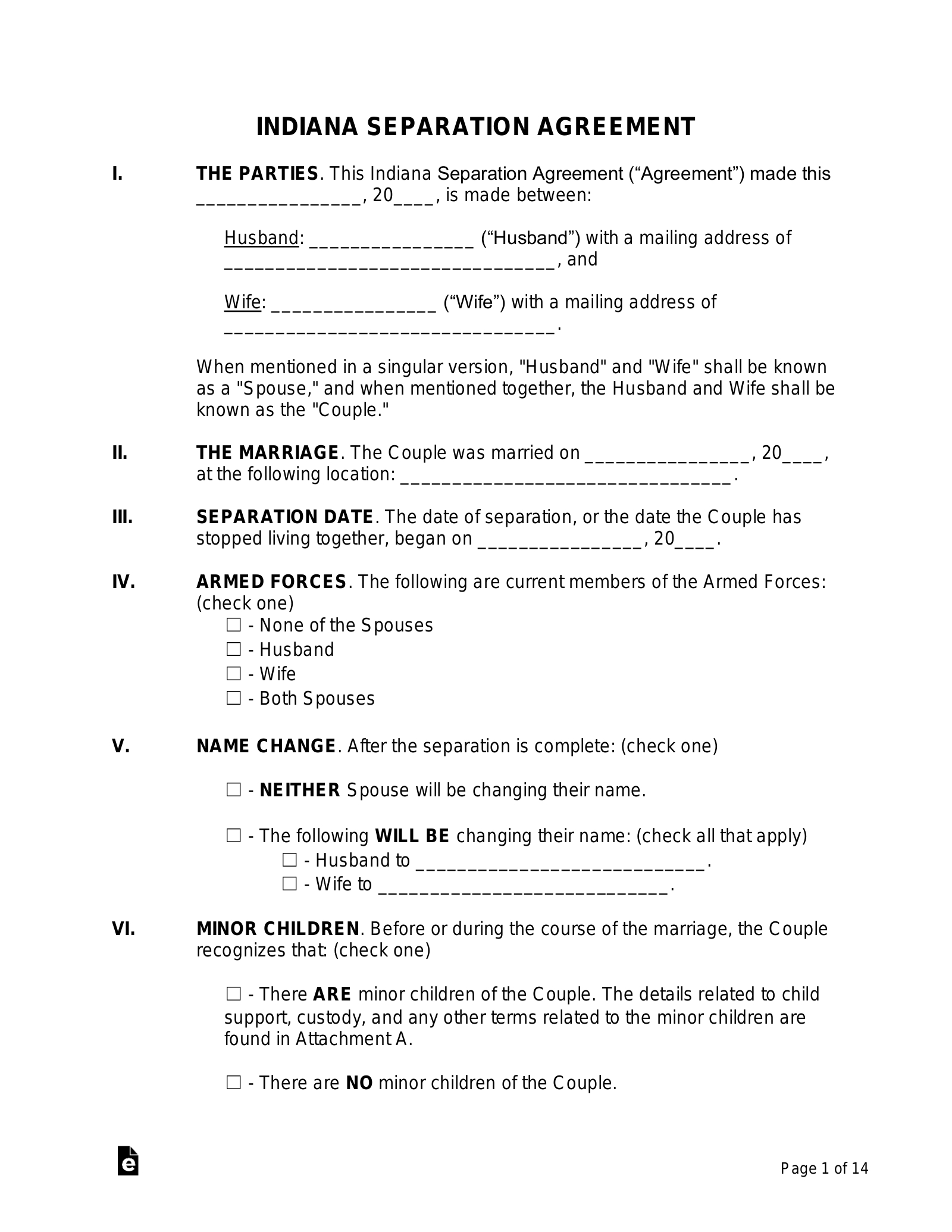 Free Indiana Separation Agreement Template - Pdf | Word – Eforms for Printable Divorce Papers For Indiana