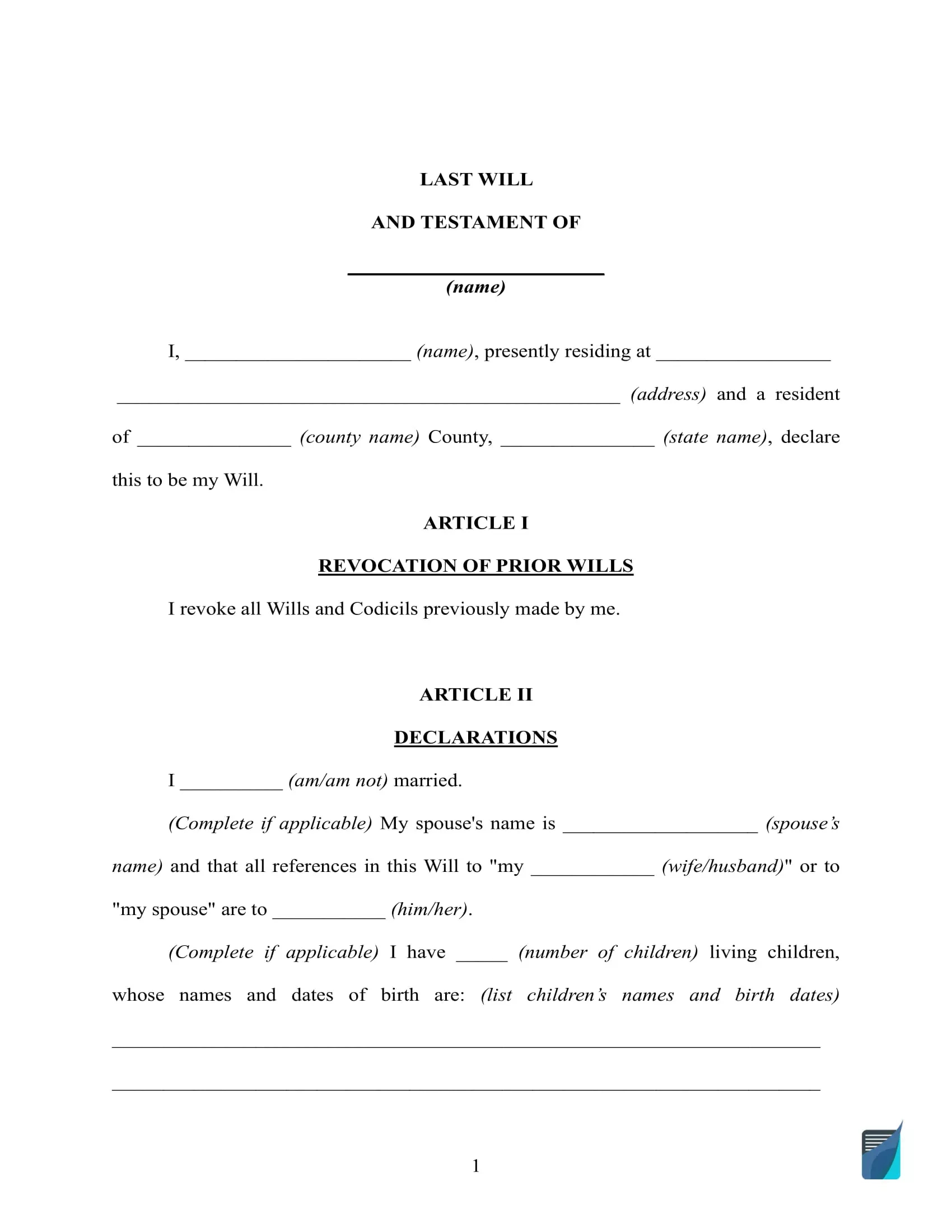 Free Last Will And Testament Template ⇒ Will Forms In Pdf And Doc with Last Will And Testament Forms Free Printable