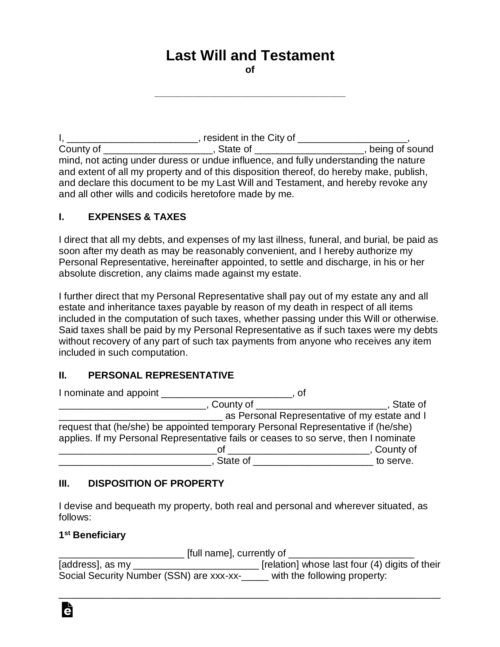Free Last Will And Testament (Will) - Pdf | Word – Eforms throughout Last Will And Testament Forms Free Printable