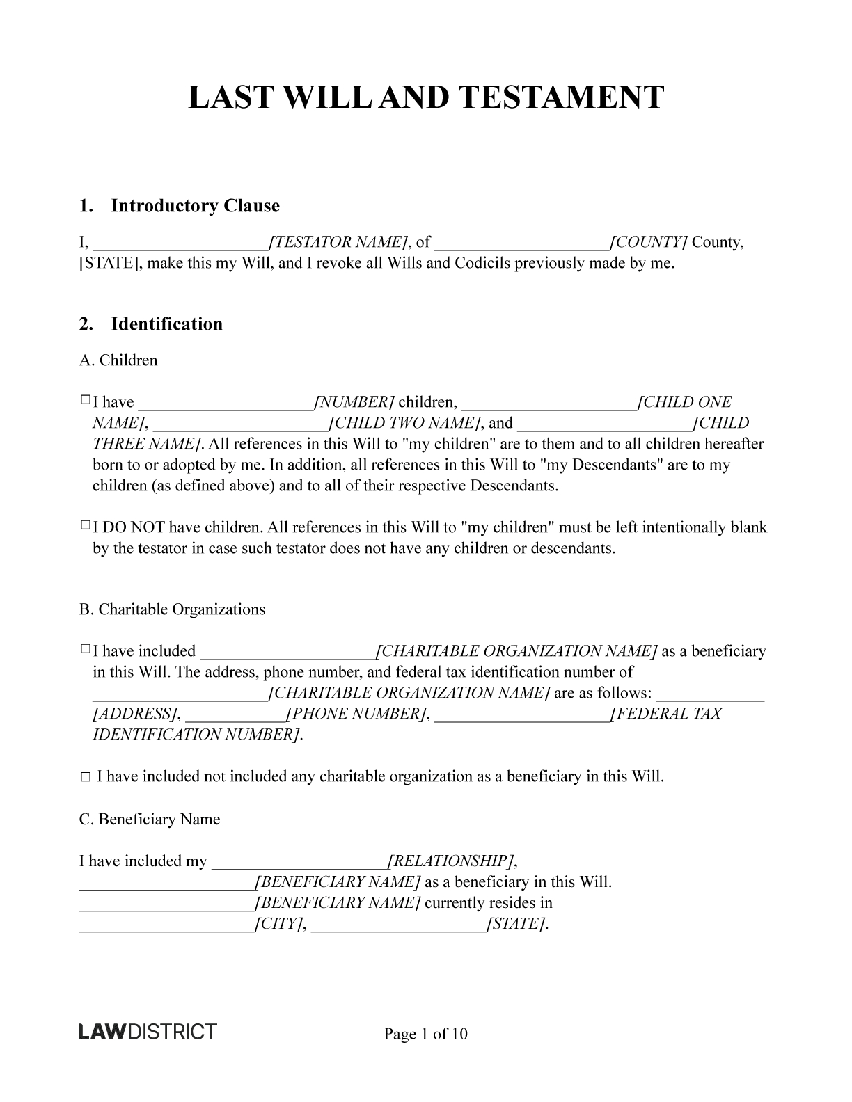 Free Last Will &amp;amp; Testament Form | Printable Pdf &amp;amp; Word | Lawdistrict with regard to Last Will And Testament Printable Form