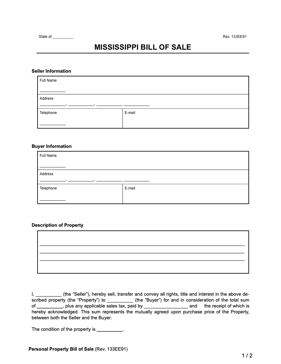 Free Mississippi Bill Of Sale Forms | Printable Pdf &amp;amp; Word in Free Printable Vehicle Bill Of Sale Mississippi