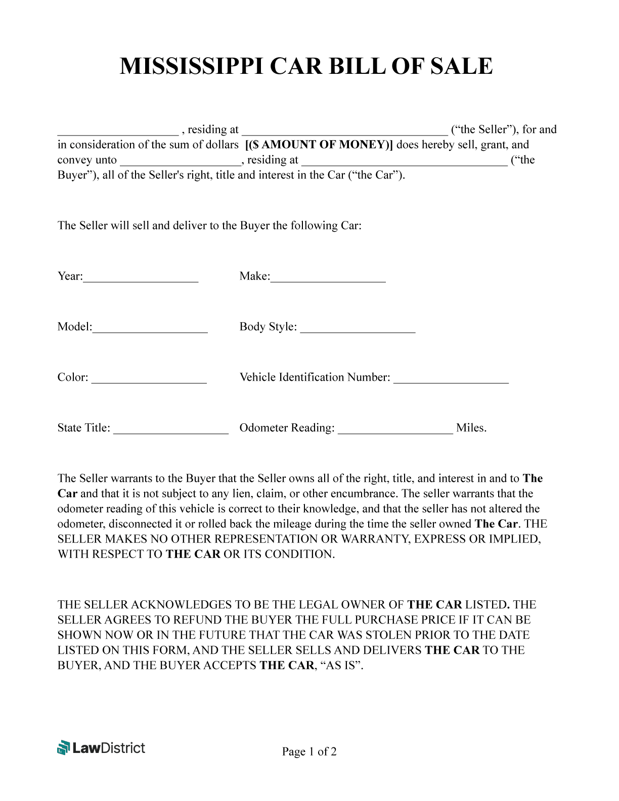 Free Mississippi Bill Of Sale Templates | Lawdistrict pertaining to Free Printable Vehicle Bill of Sale Mississippi