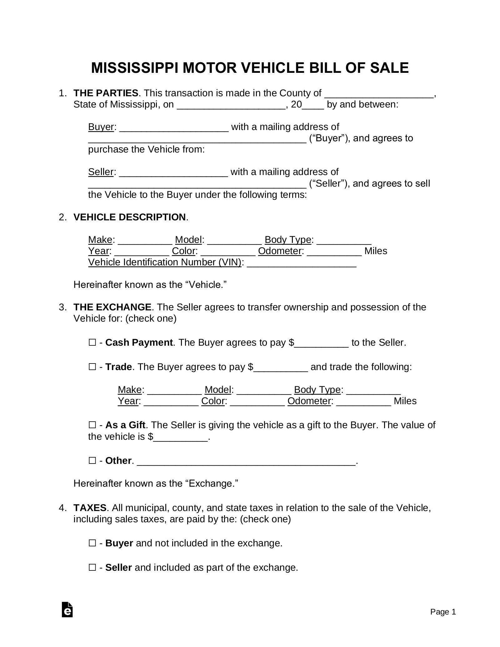 Free Mississippi Motor Vehicle Bill Of Sale Form - Pdf | Word – Eforms with regard to Free Printable Vehicle Bill Of Sale Mississippi