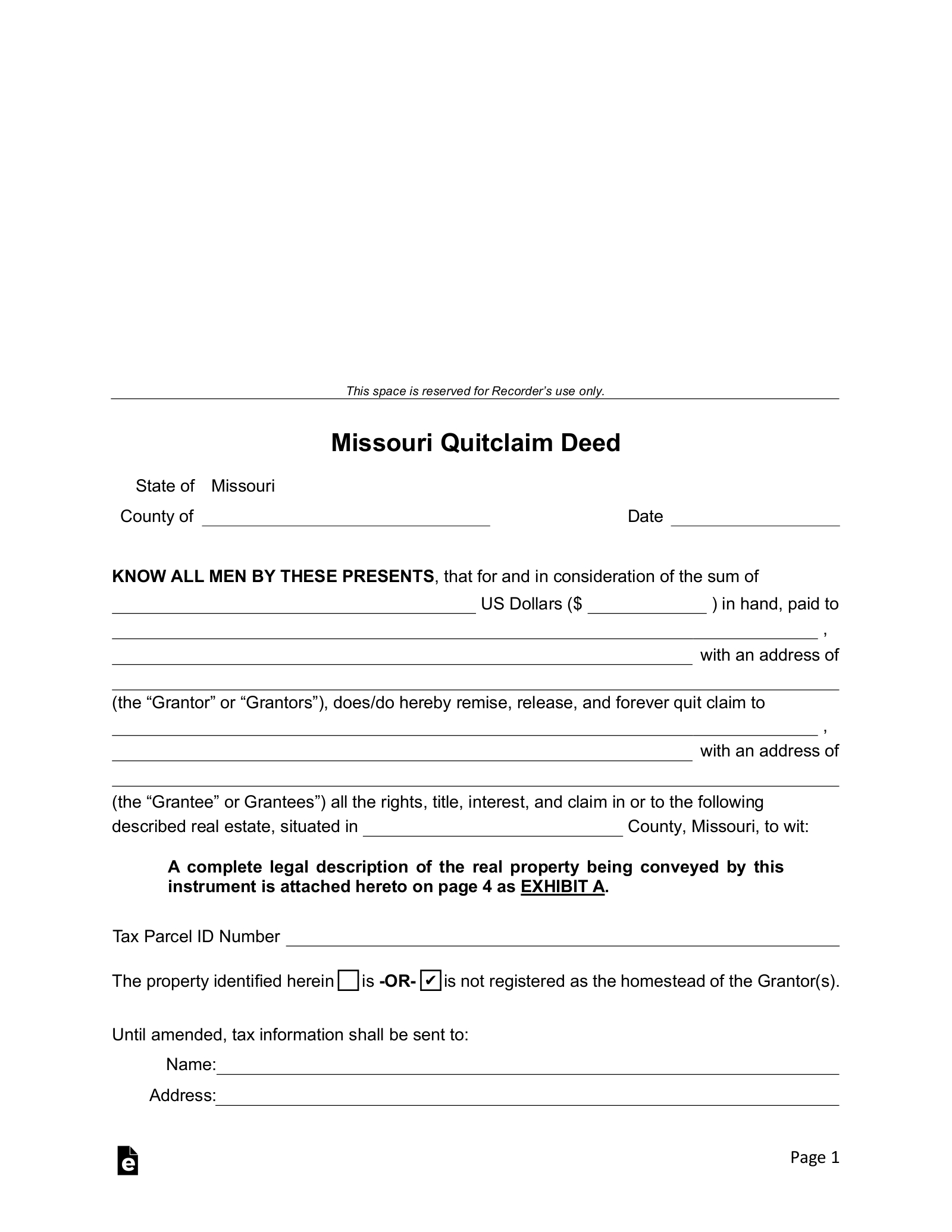 Free Missouri Quit Claim Deed Form - Pdf | Word – Eforms for Printable Quick Claim Deed Form