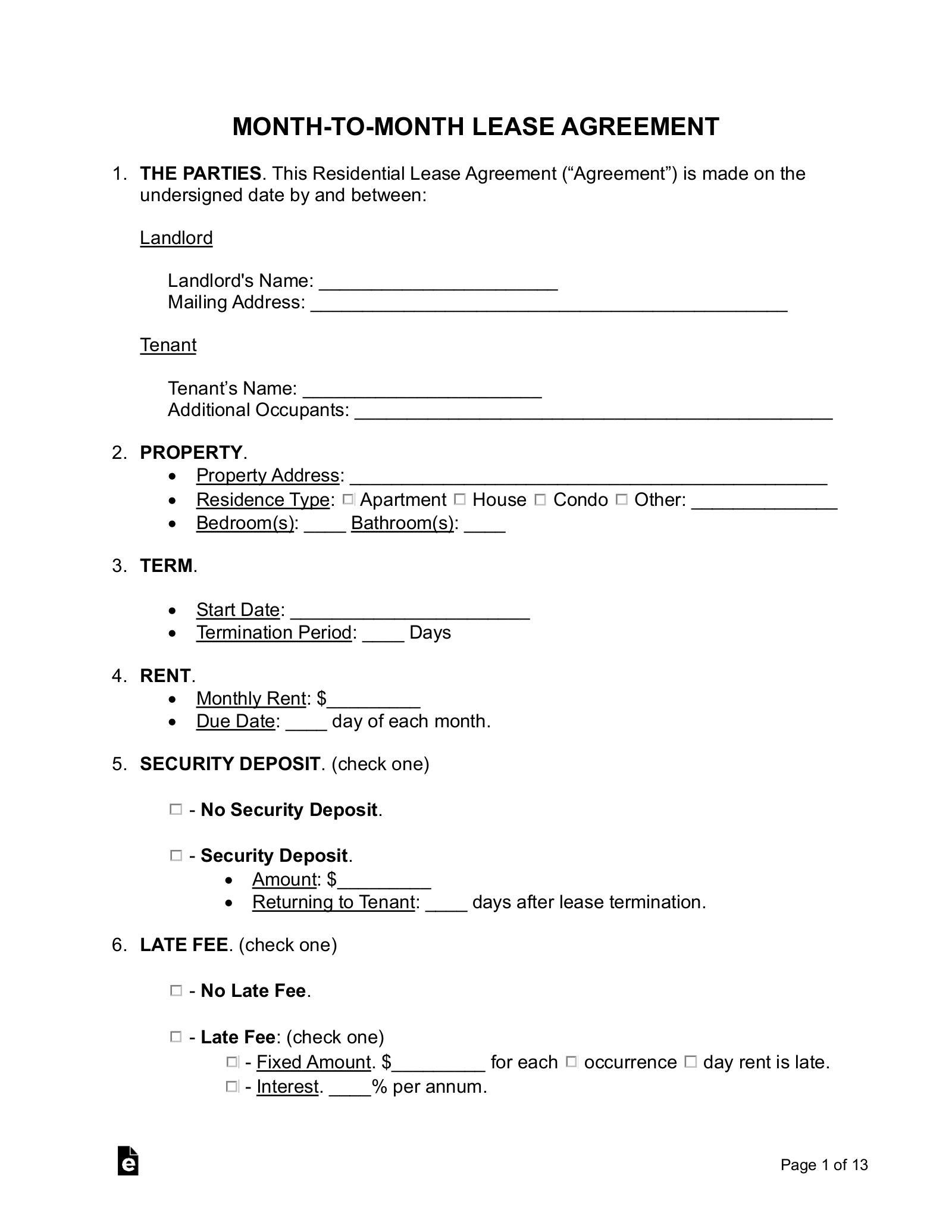 Free Month-To-Month Lease Agreement Template - Pdf | Word – Eforms inside Blank Free Printable Basic Rental Agreement