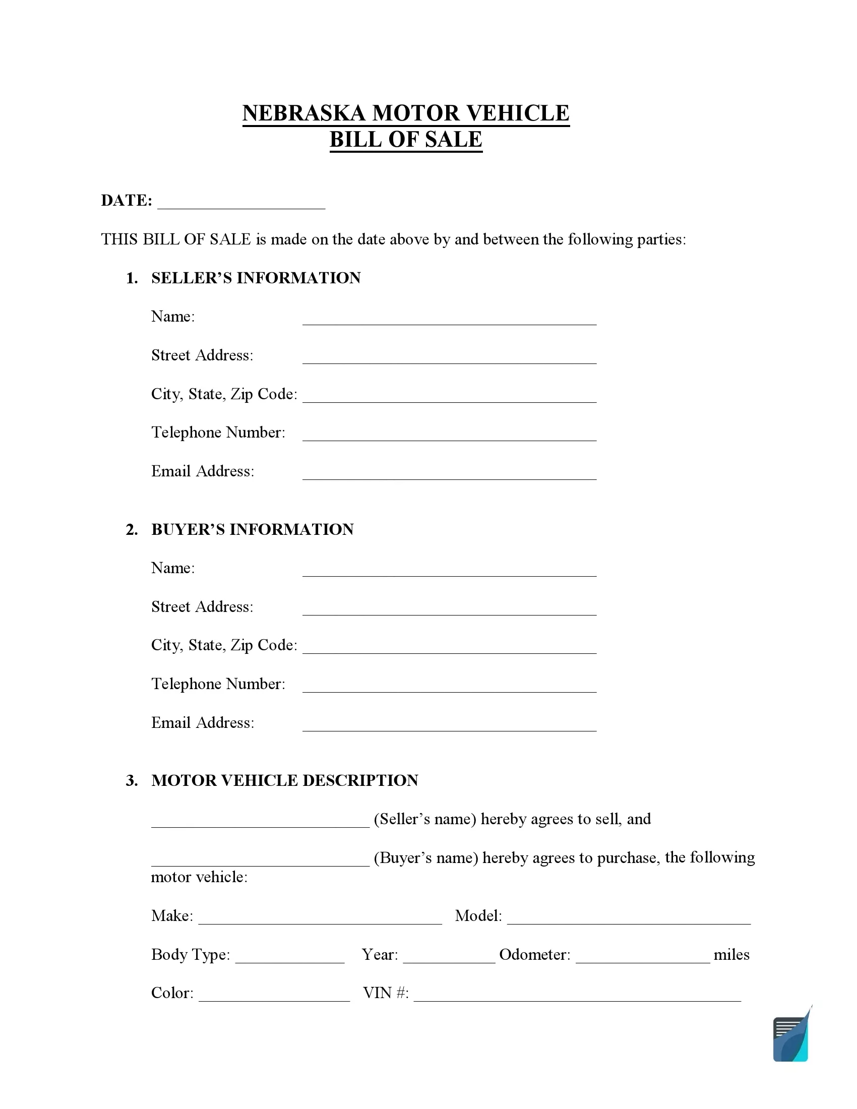 Free Nebraska Bill Of Sale Forms (Pdf) | Formspal with Printable Bill of Sale Nebraska
