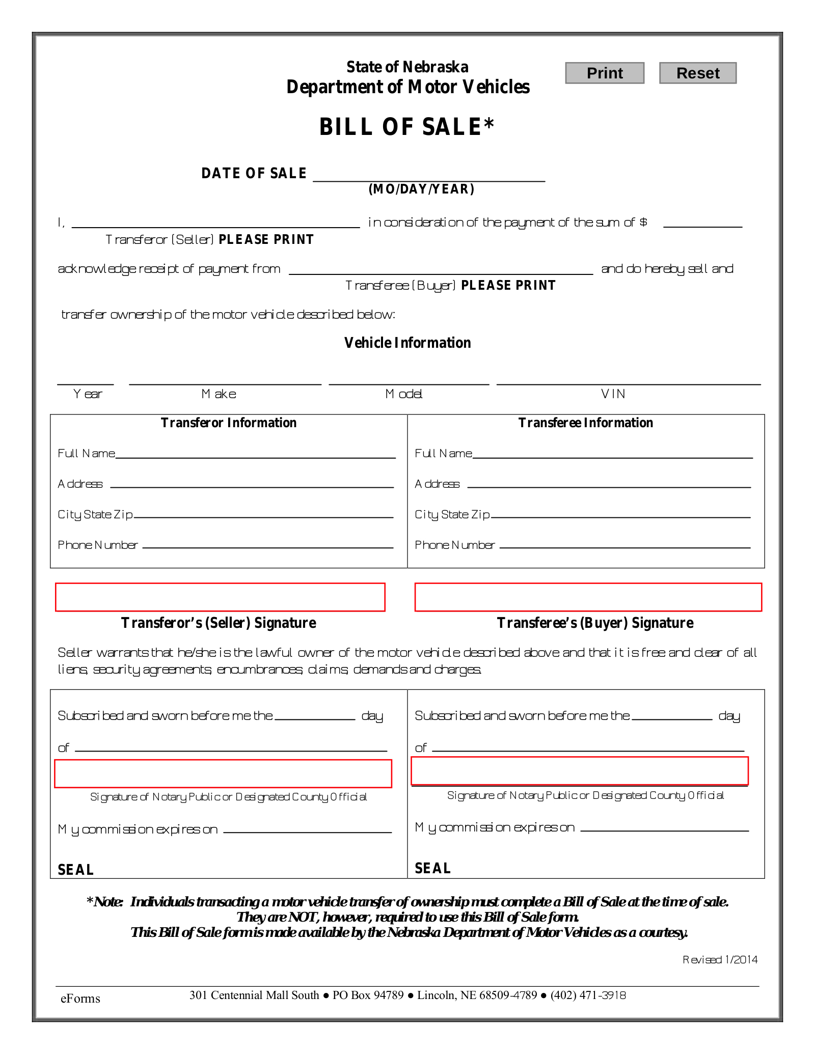 Free Nebraska Motor Vehicle Bill Of Sale Form - Pdf – Eforms within Printable Bill of Sale Nebraska