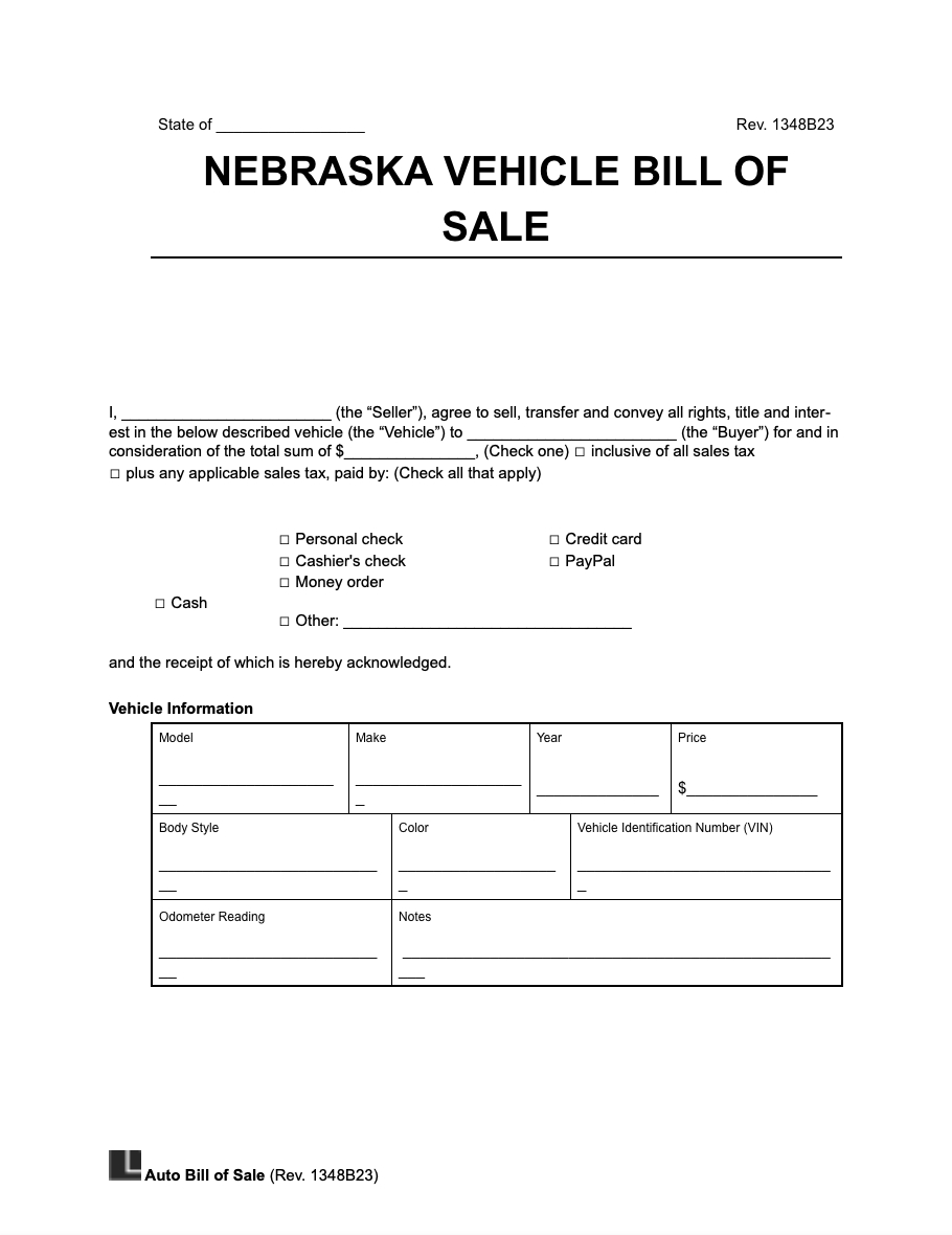 Free Nebraska Vehicle Bill Of Sale Form | Pdf &amp;amp; Word intended for Printable Bill of Sale Nebraska
