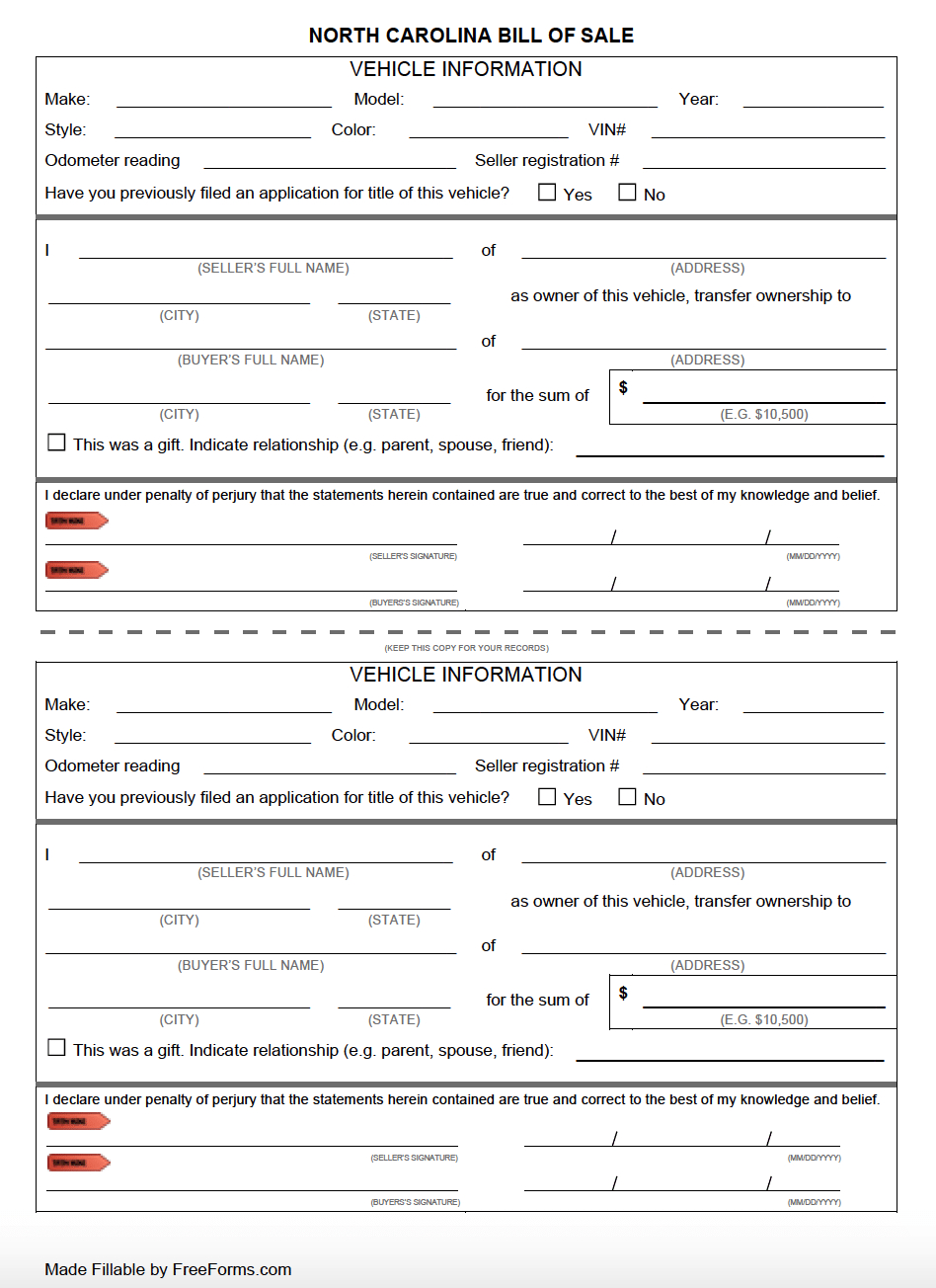 Free North Carolina Bill Of Sale Forms | Pdf pertaining to Printable Nc Vehicle Bill of Sale