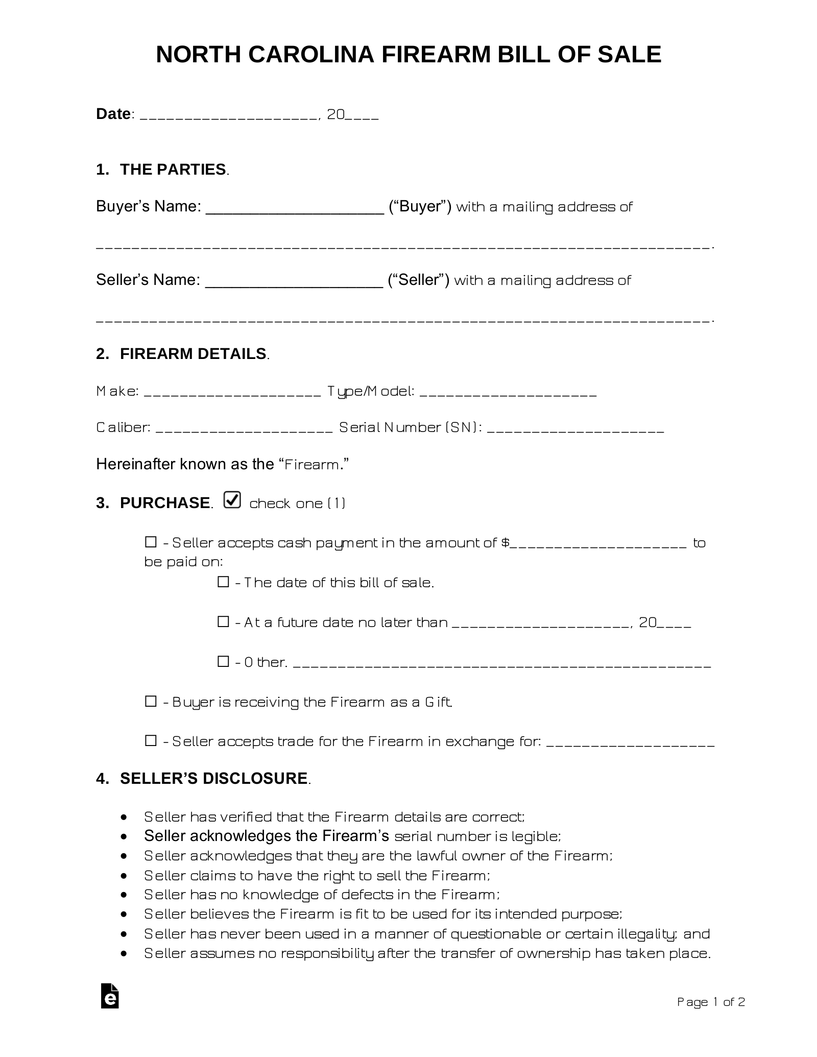 Free North Carolina Firearm Bill Of Sale Template - Pdf | Word inside Printable Firearm Bill of Sale