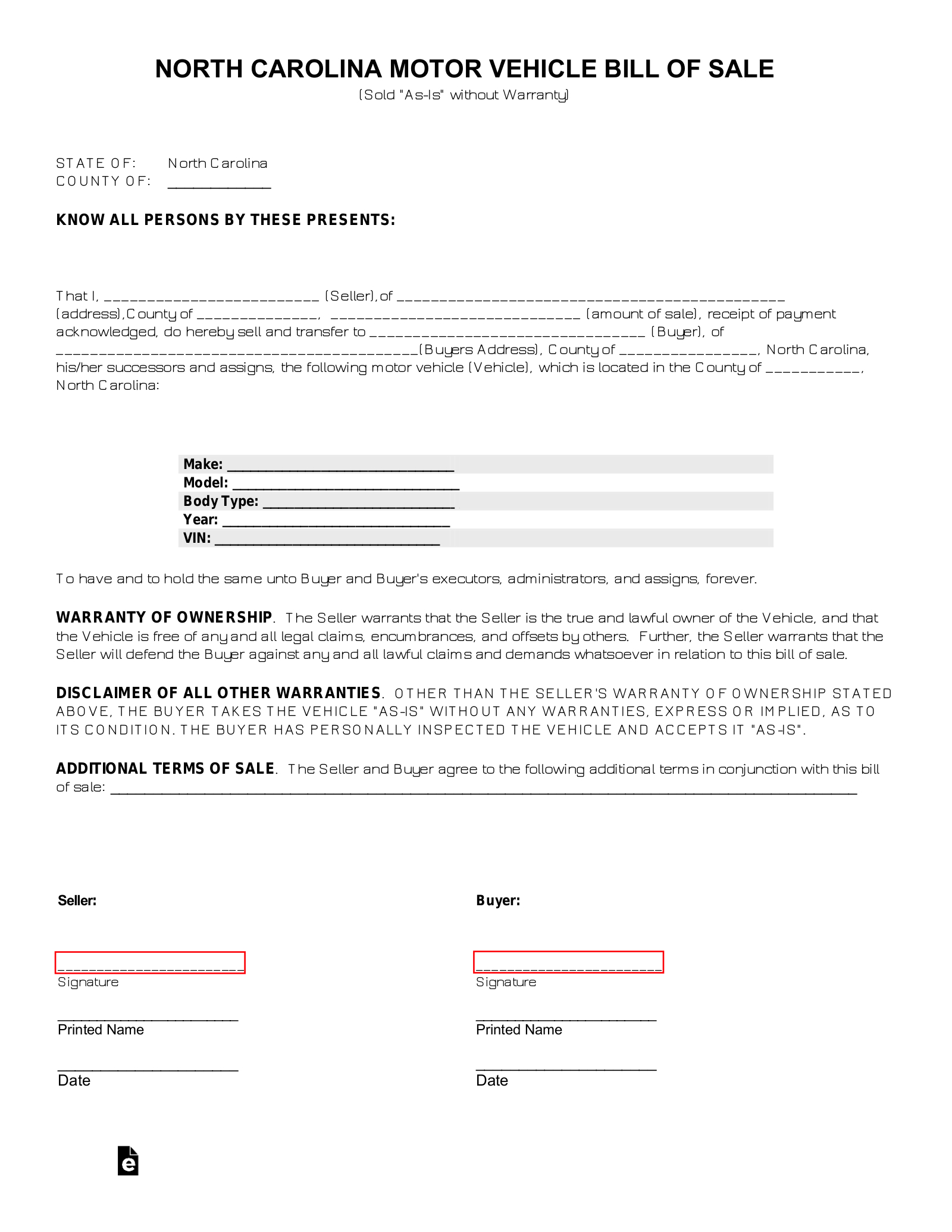 Free North Carolina Motor Vehicle Bill Of Sale Form - Pdf – Eforms inside Printable Nc Vehicle Bill Of Sale