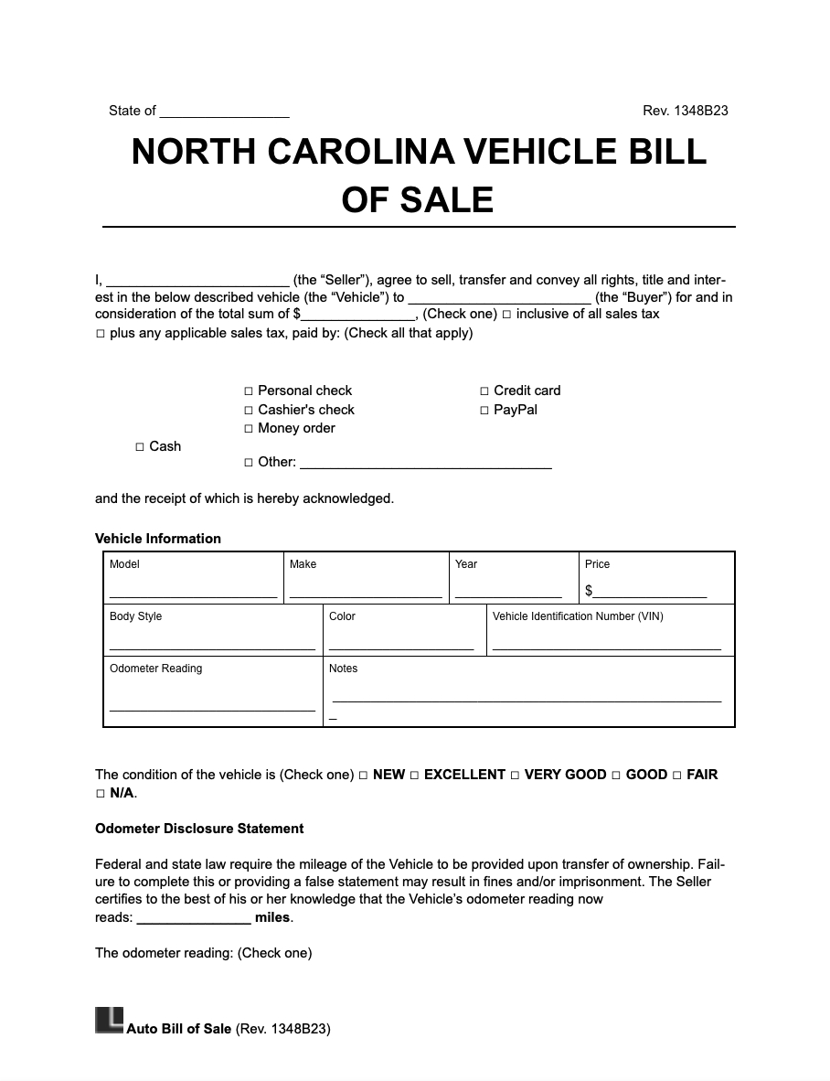 Free North Carolina Vehicle Bill Of Sale Template | Pdf &amp;amp; Word with regard to Printable Nc Vehicle Bill of Sale